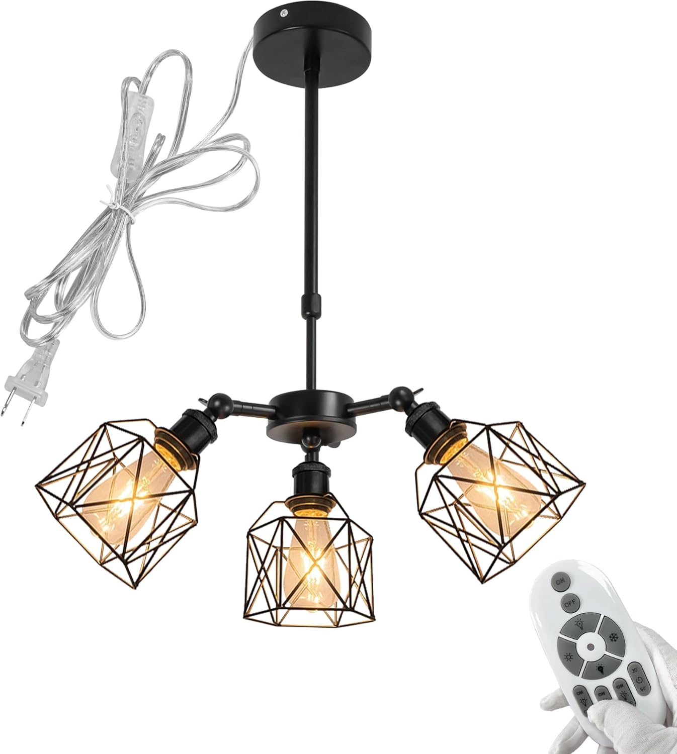 3-Heads Farmhouse Candle Lamp Adjustable Height Telescoping Rod 15ft Plug-in Cord, Remote Control Edison Bulbs Square Cage Island Light for Sloping Roof Dining Staircase NO Wiring Needed