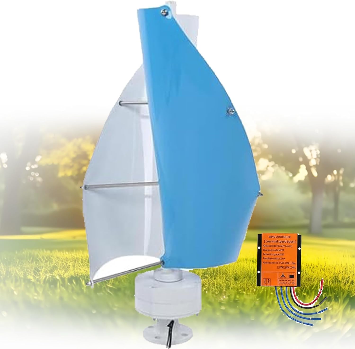 14000W Vertical Axis Wind Turbine Generator Kit for 12V/24V/48V Systems, Auto Wind Direction Adjustment, 13m/s Rated Speed, Ideal for Home, Boats, Gazebos - Blue