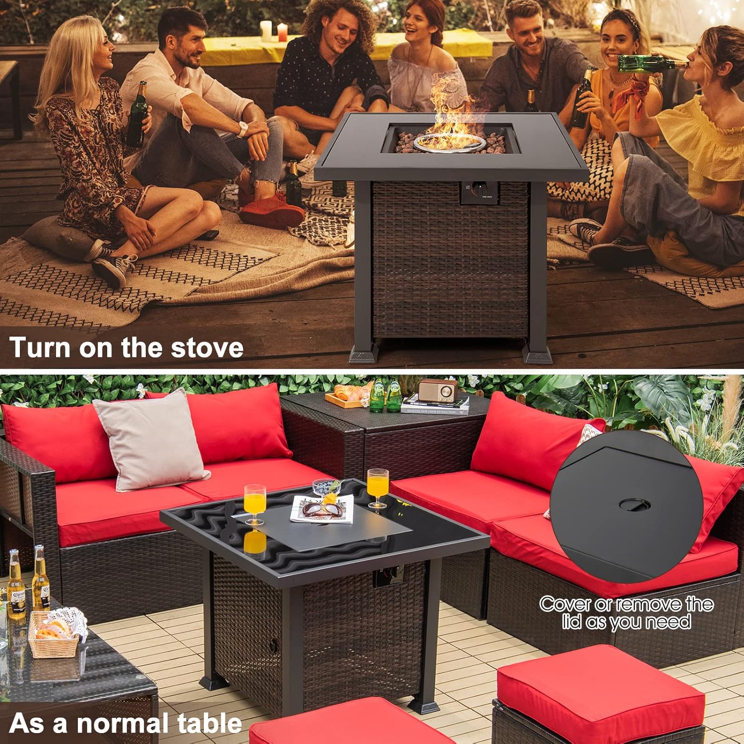 Tangkula 50,000 BTU Propane Fire Pit Table, Patiojoy 32 Inch Wicker Gas Fire Pit with Removable Lid and Lava Stone, Outdoor Square Rattan Fire Table with PVC Cover, Mix Brown