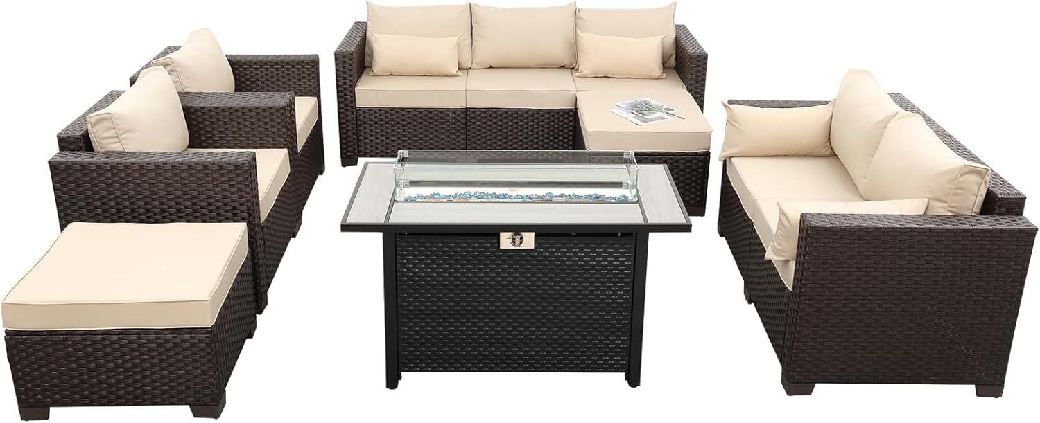 7 PCS Patio Furniture Set Outdoor Patio Furniture with 45-Inch Propane Fire Pit Table Outdoor Couch Patio Chairs Outdoor Conversation Set with Non-Slip Cushions Waterproof Covers, Khaki