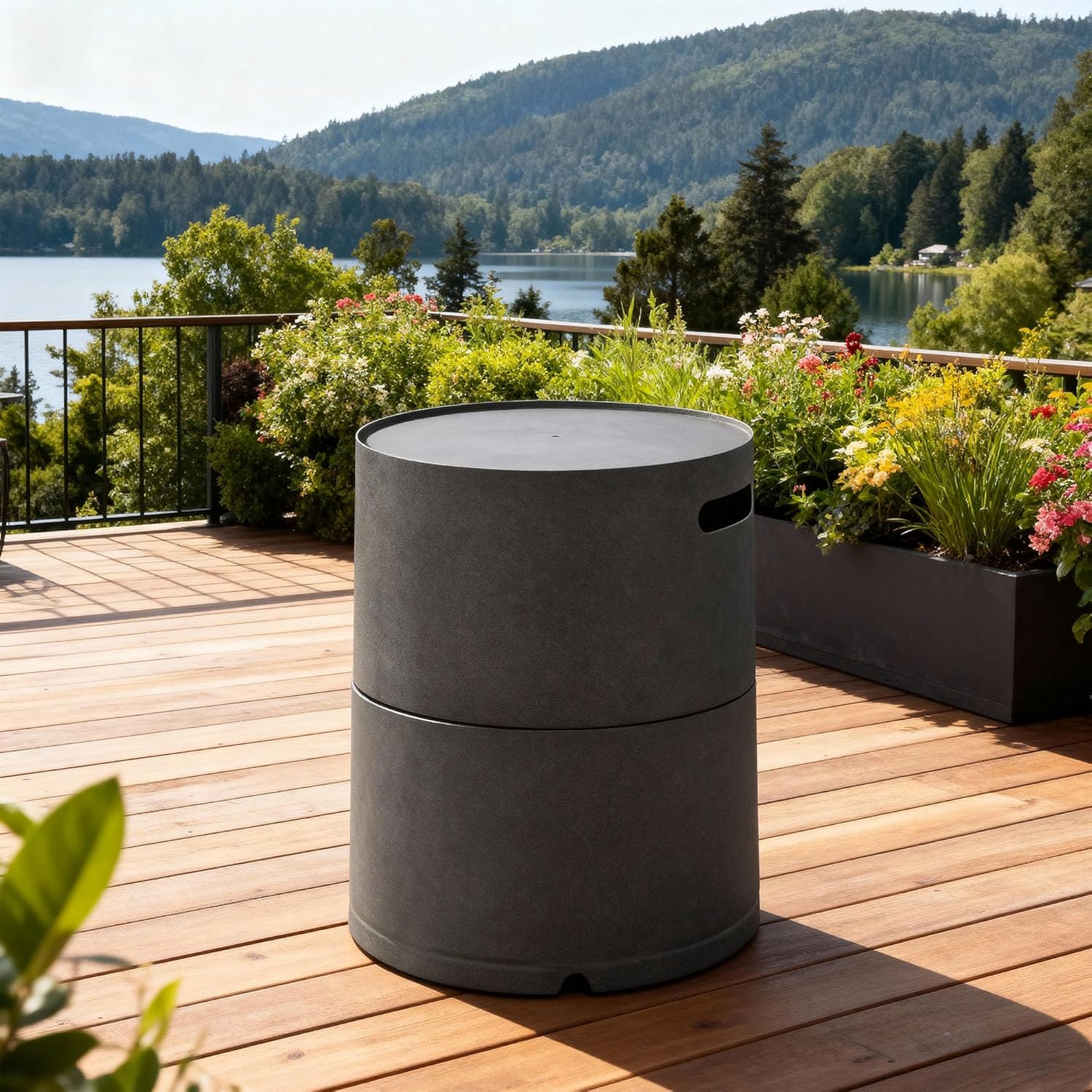 Propane Tank Cover, Outdoor Fire Pit Cover Holder for 20 lb Tank for Dining or Party, Gray Round Steel Hideaway Storage for Gas Fire Pits & Patio, Firepit for Outside, Garden, Yard, Only Table