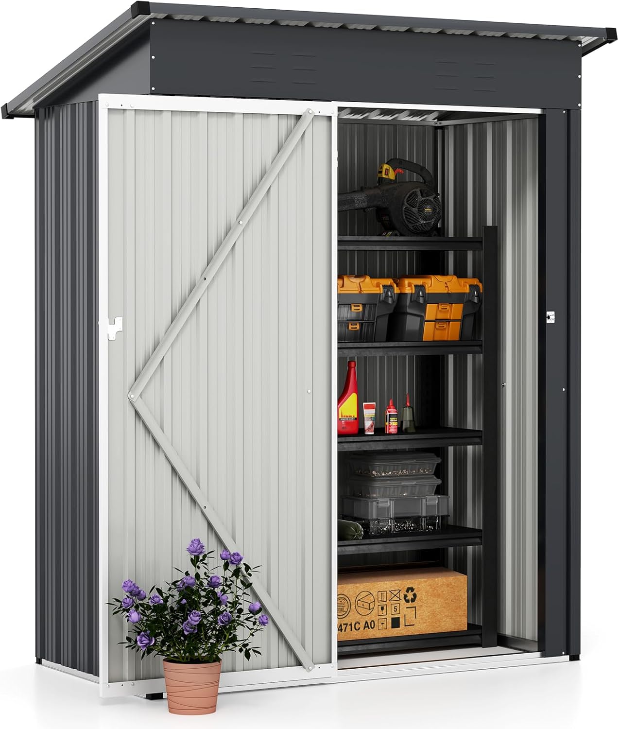 Goplus 5 x 3 FT Outdoor Storage Shed, Galvanized Metal Tool House w/Sloped Roof, 2 Vents, Lockable Door, Waterproof & Windproof Utility Tool Organizer for Garden, Backyard, Lawn, Patio, Gray