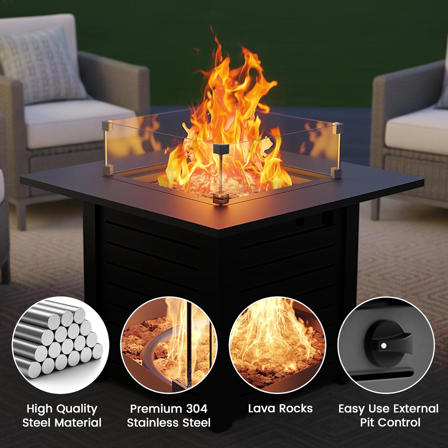 28 Inch Outdoor Propane Gas Fire Pit,50,000 BTU Gas Firepit Table with Steel Lid,304 Stainless Steel H-Burner,Lava Rocks and Wind Guard,Fire Pits for Outside Patio Deck Garden,Black