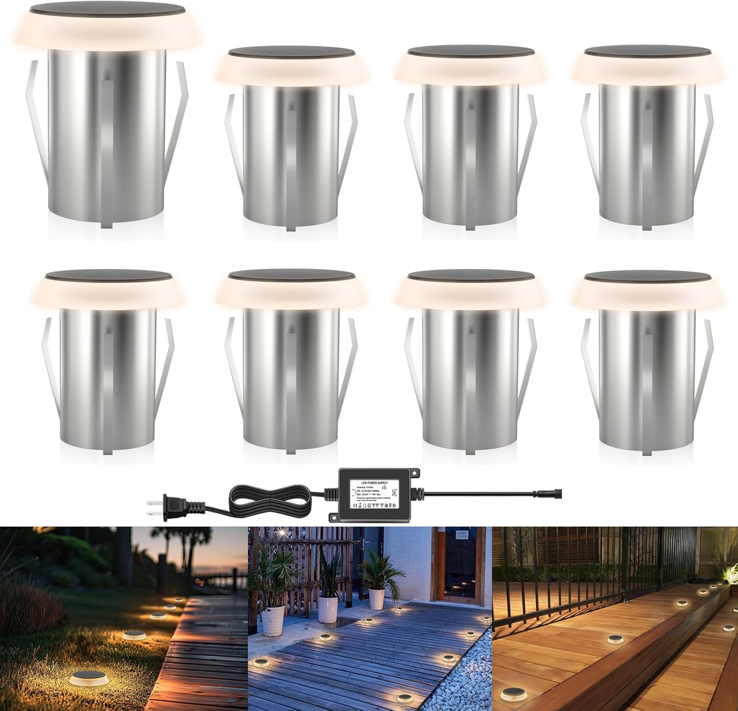 Outdoor In Ground LED Well Lights, Warm White Φ1.36in Low Voltage 12V DC In-Ground Lights, IP67 Waterproof Landscape Lighting for Yard Floor Pathway Driveway Deck Step, 8 Pack