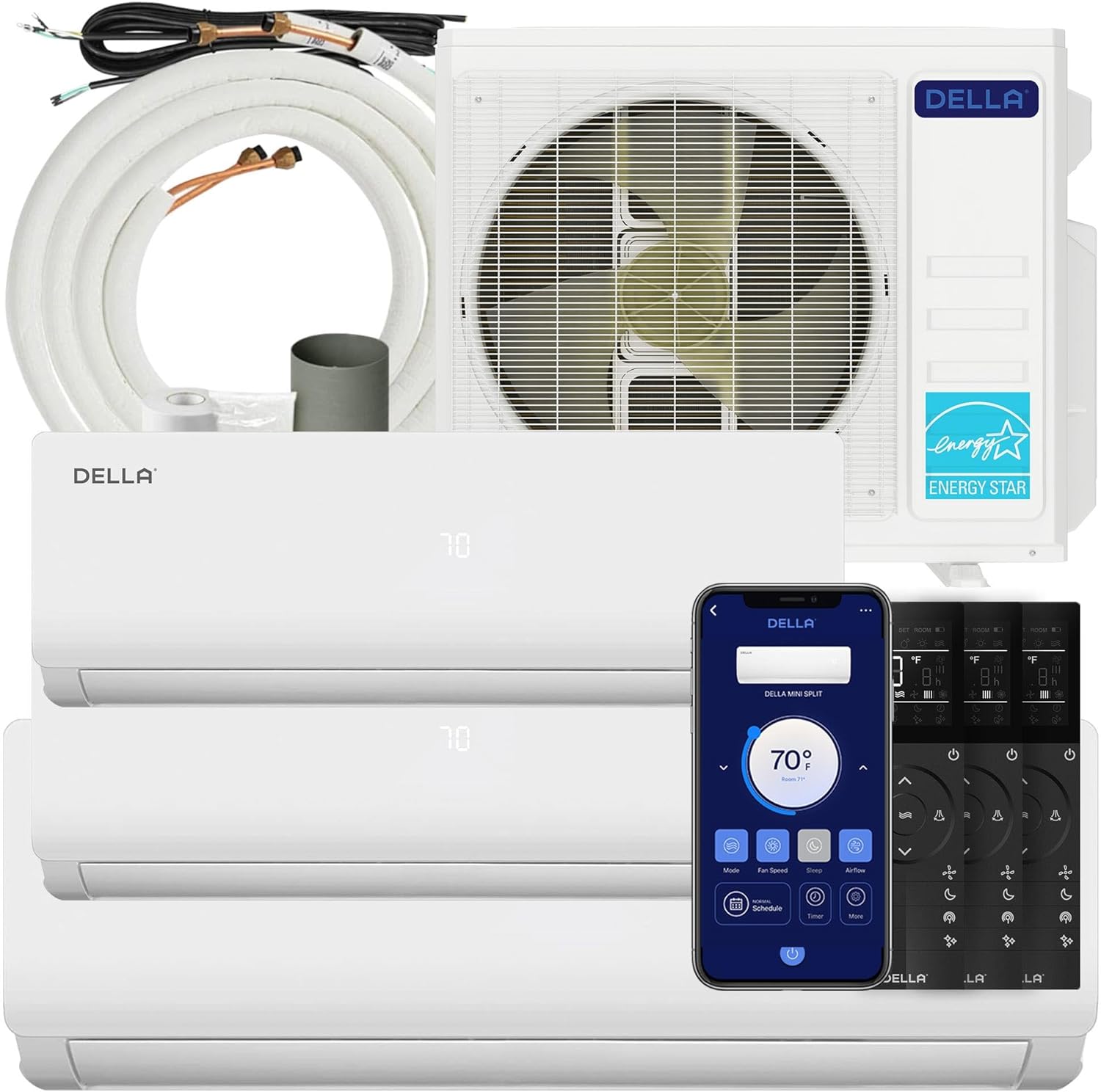 DELLA 28K BTU ODU Tri 3 Zone (9K 9K 18K BTU) Mini Split AC Works with Alexa and Wifi, Multi Zone Cools Up to 1800 Sq.Ft, 20 SEER2 208-230V, Energy Efficient, Pre-Charged Heat Pump, 16ft Kits