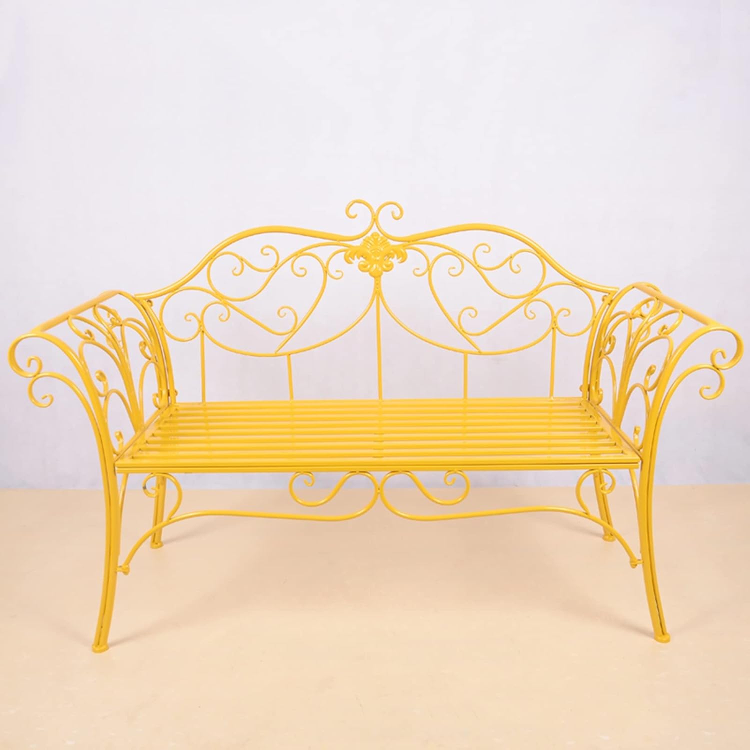 Yellow Retro Metal Garden Bench, 2-Seater Loveseat with Curved Backrest & Armrests, Outdoor Furniture for Park, Yard, Porch & Lawn, Max Capacity 250kg