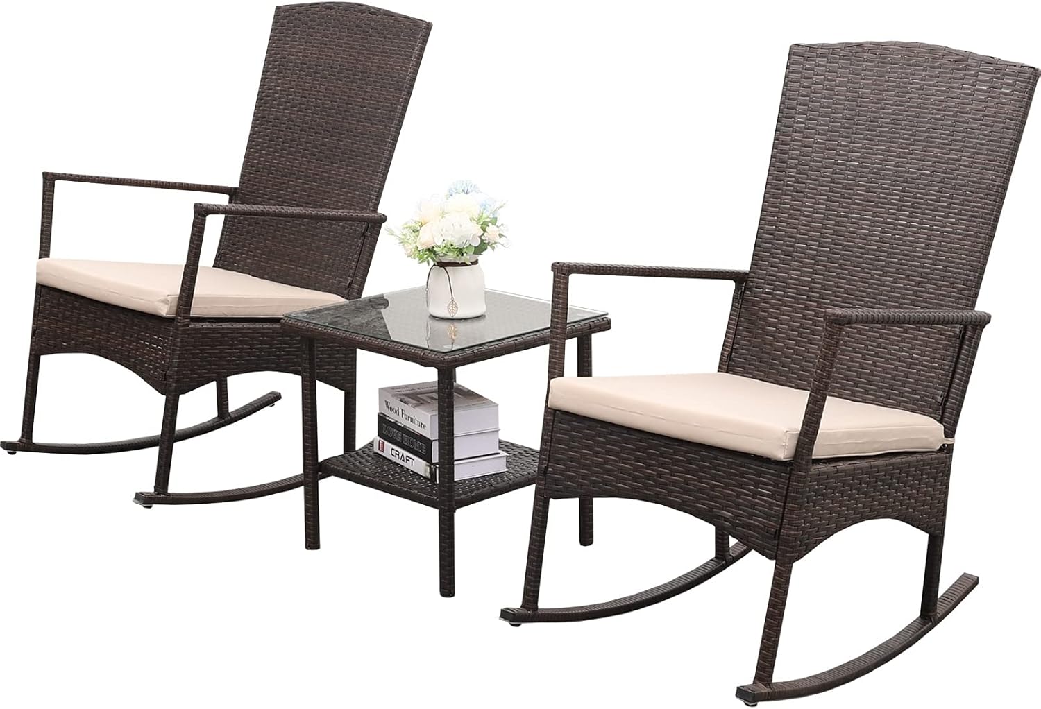 Outdoor PE Wicker Rocking Chair 3-Piece Patio Rattan Bistro Set 2 Rocker Armchair and Glass Coffee Side Table Furniture Washable Lacing Khaki Cushions
