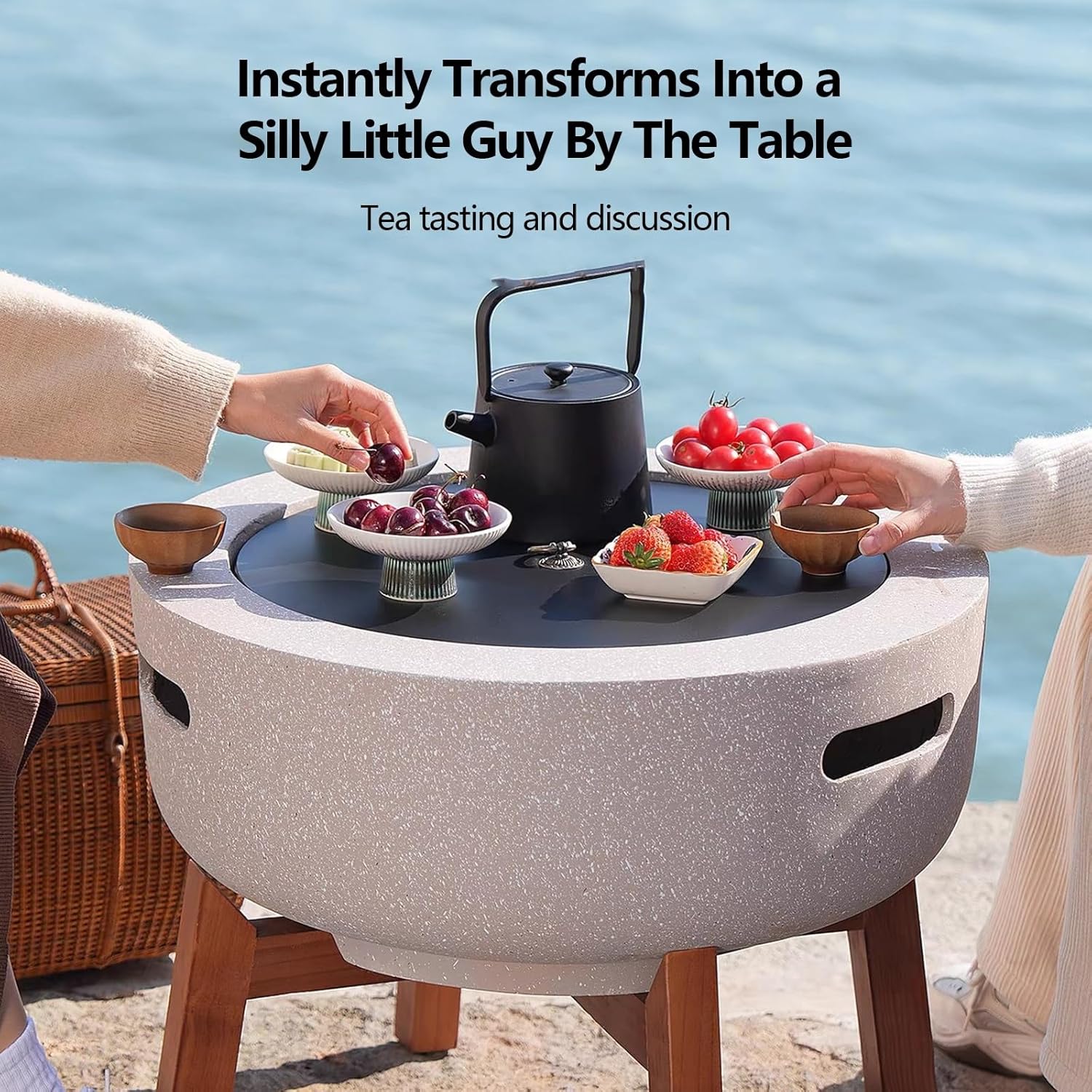 Concrete Fire Pit Table 23.6 Inch Round Wood Burning and Charcoal Grill with Spark Screen and Poker Modern Outdoor Fire Pit for Patio Garden Backyard BBQ and Heating