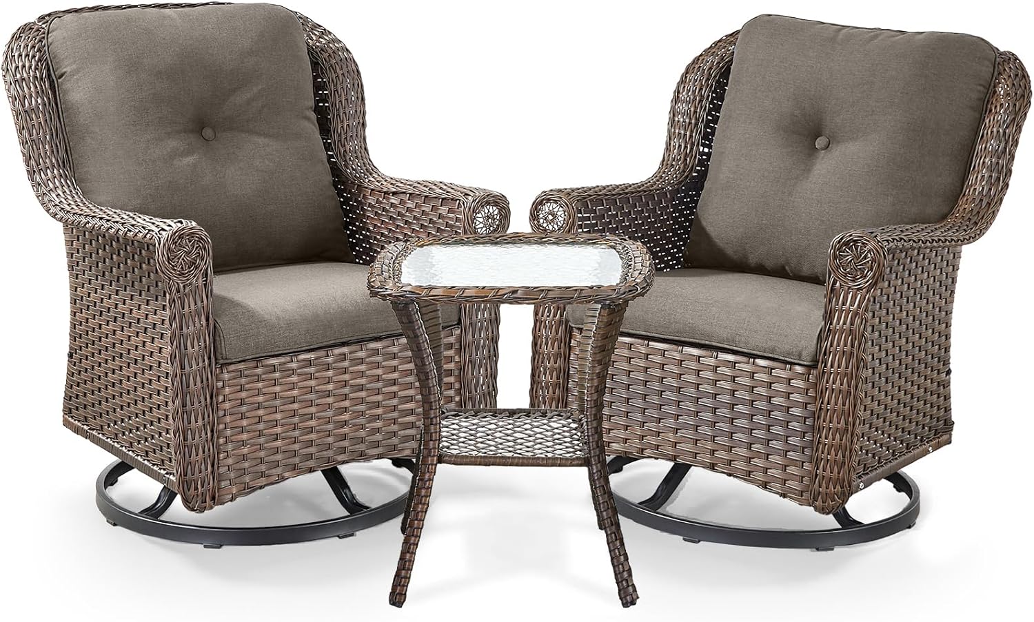 3 Piece Patio Swivel Chairs and Side Table Set - High Back Outdoor Brown Wicker Rattan Rocking Glider with Thick Cushions for Porch Apartment Deck Yard Poolside Garden - Grey