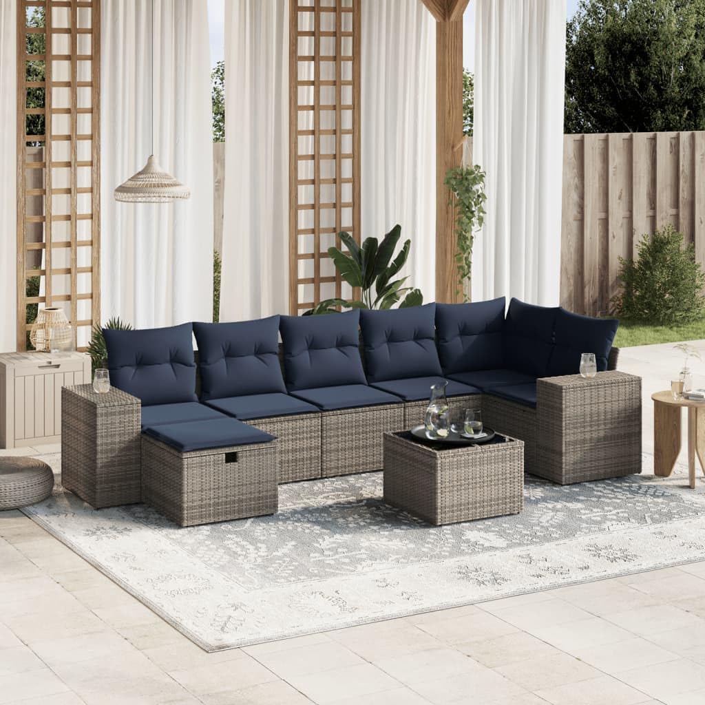 8 Piece Patio Sofa Set, Gray Poly Rattan Outdoor Furniture with Cushions, Tempered Glass Table, Modular Design for Backyard Terrace