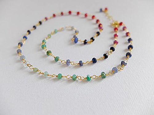 dainty, feminine handwrapped,rosary style necklace natural ruby,emerald, sapphire shaded 3-mm rondelle faceted beads semi precious genuine