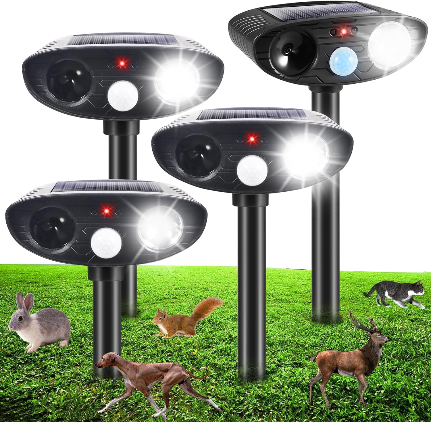 2025 Deer Repellent Device Ultrasonic Animal Repellent Outdoor Solar Animal Repeller with Motion Sensor&LED Strobe Light Cat Deterrent to Scare Dog Squirrel Raccoon Skunk Rabbit (4Pack)