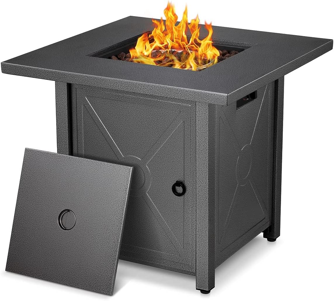 Xbeauty 28in Gas Fire Pit Table, 50,000 BTU Outdoor Propane Firepit,40,000 BTU Auto-Ignition Fire Tables with Lid, Rain Cover and 3 Pounds Lava Stones for Outside Garden Backyard Deck Patio (Square)