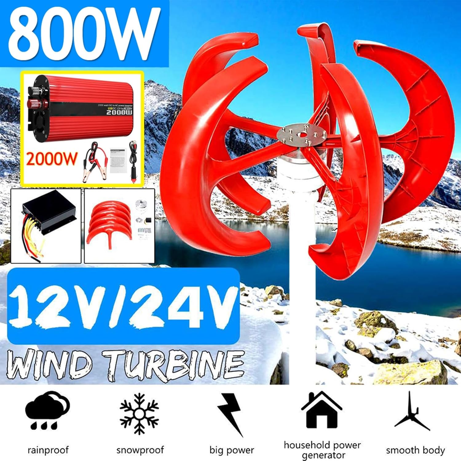 800W 5 Blade Vertical Axis Wind Turbine Kit 12V/24V Lantern Wind Turbine Generator + 2000W Inverter Free Energy Windmill Home Permanent Magnet Generator(12V)