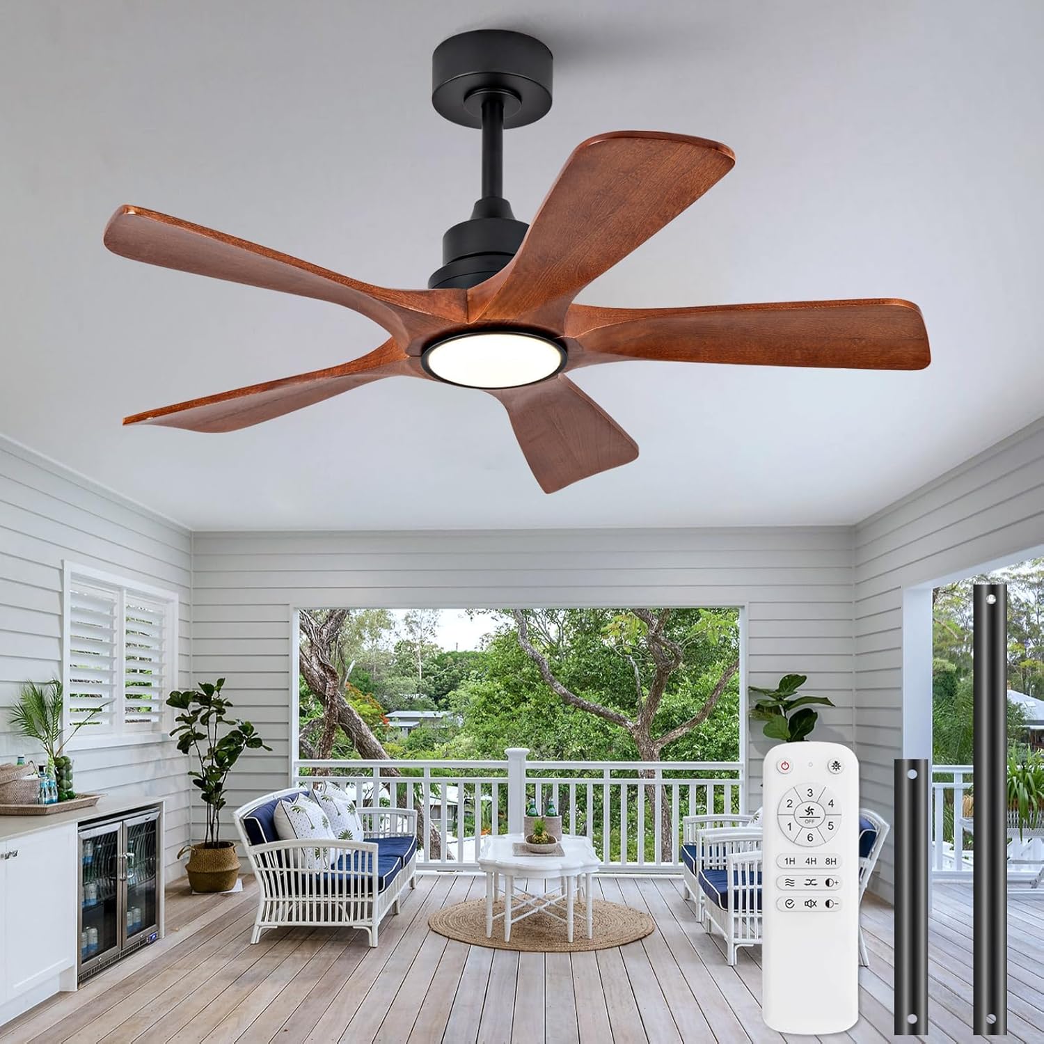 42 Inch Ceiling Fans with Lights and Remote, Wood Ceiling Fan with Light, Dimmable, 5 Blade, Memory Function, Reversible DC Motor, Modern Indoor Outdoor Ceiling Fan for Patio Bedroom Living Room