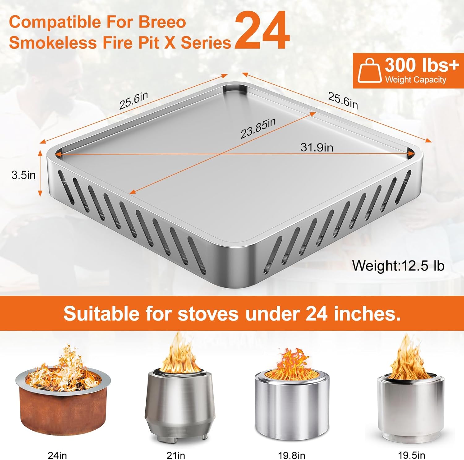 Compatible for Breeo Fire Pit X24 (25.6 Inch) - Fire Pit Base for Lawn & Deck Protection,Stainless Steel Metal Base,Heat Protection & Airflow,Fire Pit mat,Accessory for Outside & Indoor,for Solo Stove