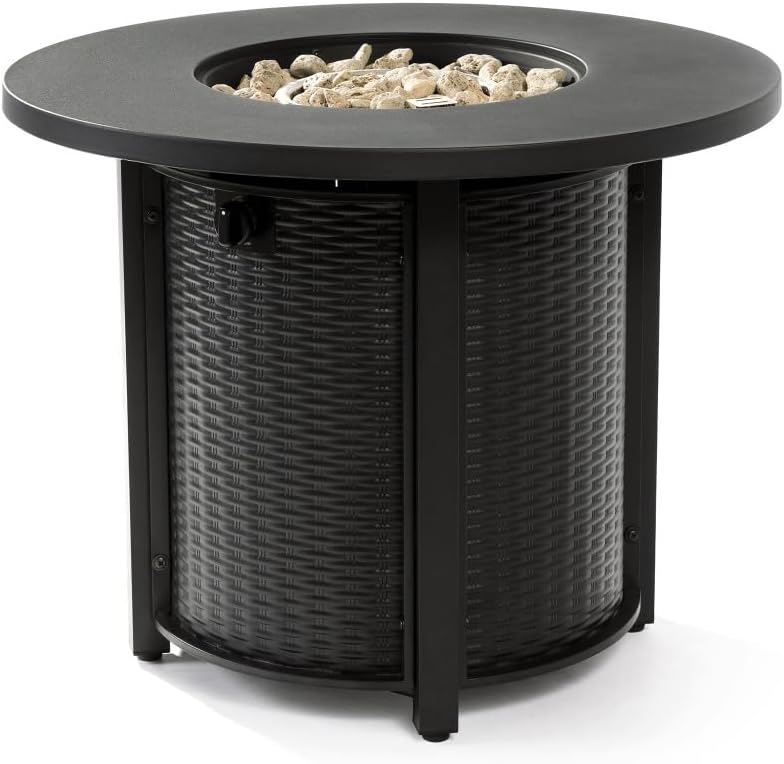 30 Inch Round Propane Fire Pit Table with Lava Rocks, Outdoor Firepit for Patio Deck Garden - Black (Black + Steel + Steel-1)
