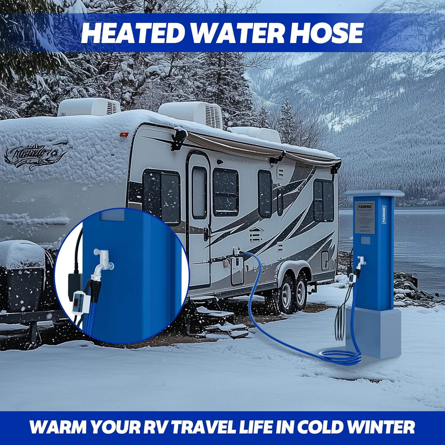 50 FT Heated Water Hose for RV, Heated RV Freshwater Hoses with Fittings, -45 ℉ Antifreeze Drinking Water Pipe, Automatic temperature shut-off for electrically heated Garden hoses, RV Accessories