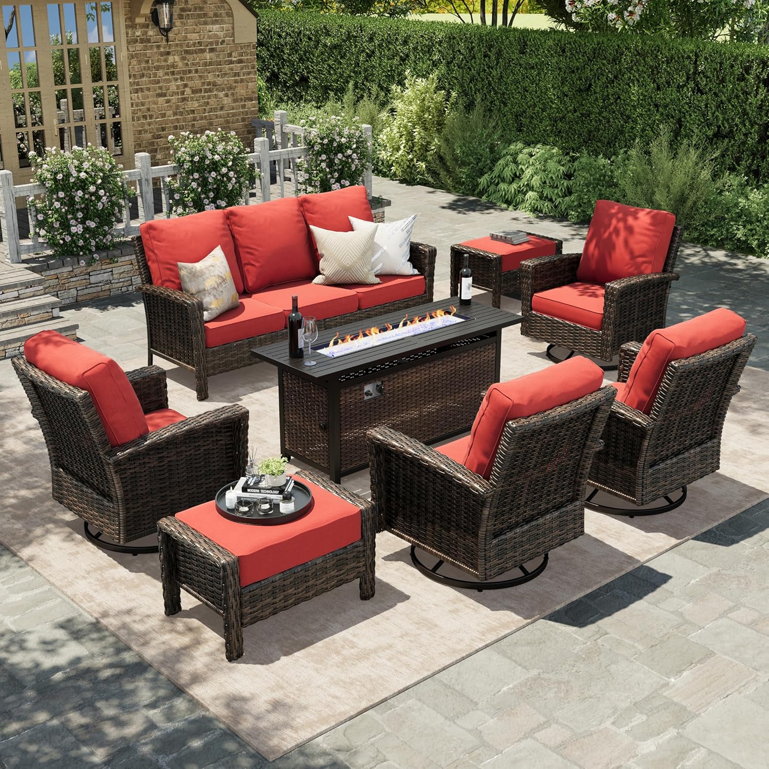 HERA'S HOUSE Red Patio Furniture Set, 8-Piece Outdoor Seating Conversation Sets with High Back Wicker Sofa, 4 x Swivel Chairs with 5.5