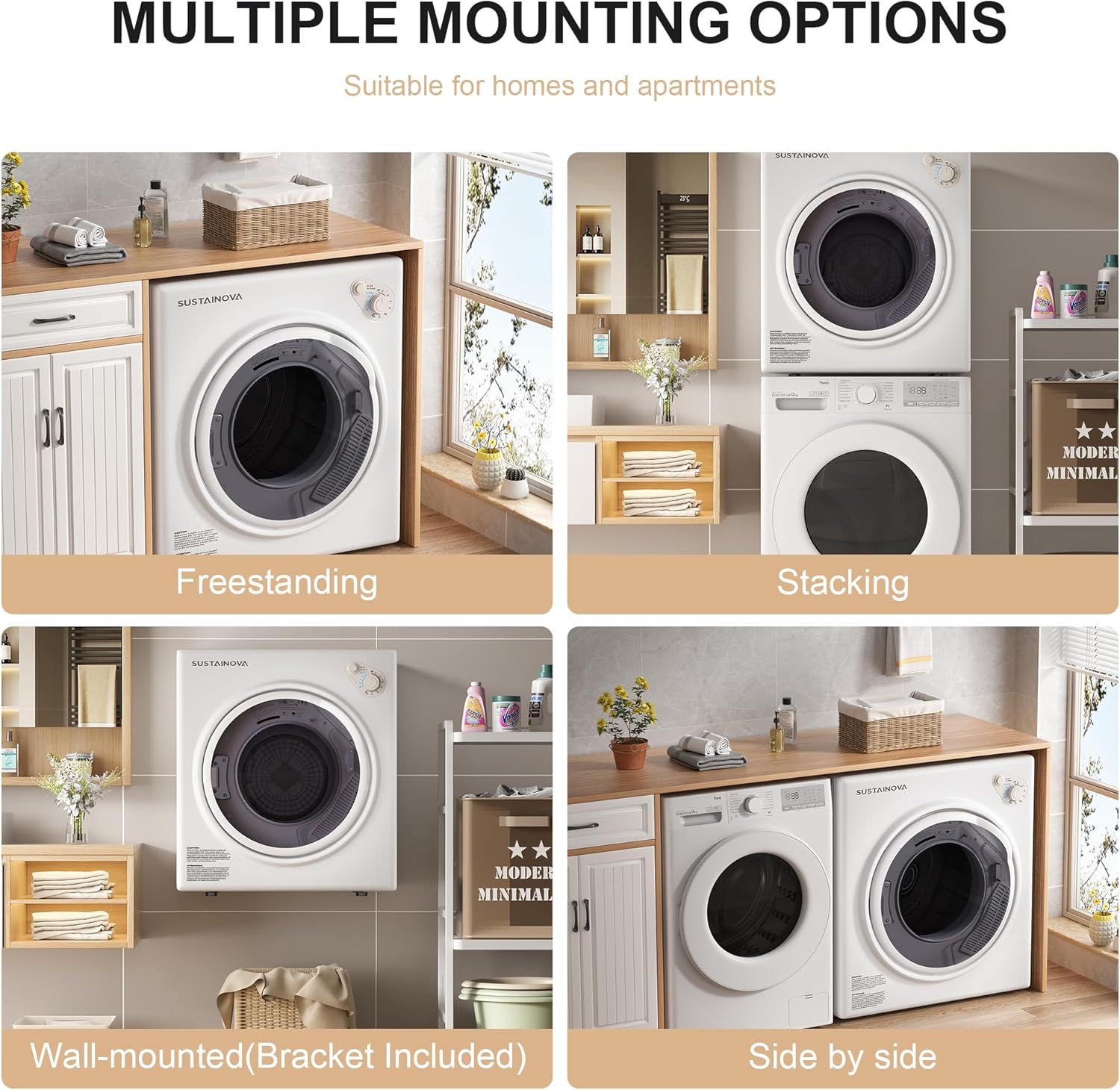 Elevon Portable Clothes Dryer 1350W, Compact Dryer for laundry with 5 Drying Modes, 2.6 Cu.ft Front Load Dryer Machine, Stainless Steel Tub for Small Space, RVs, Overheat Protection, Black & White