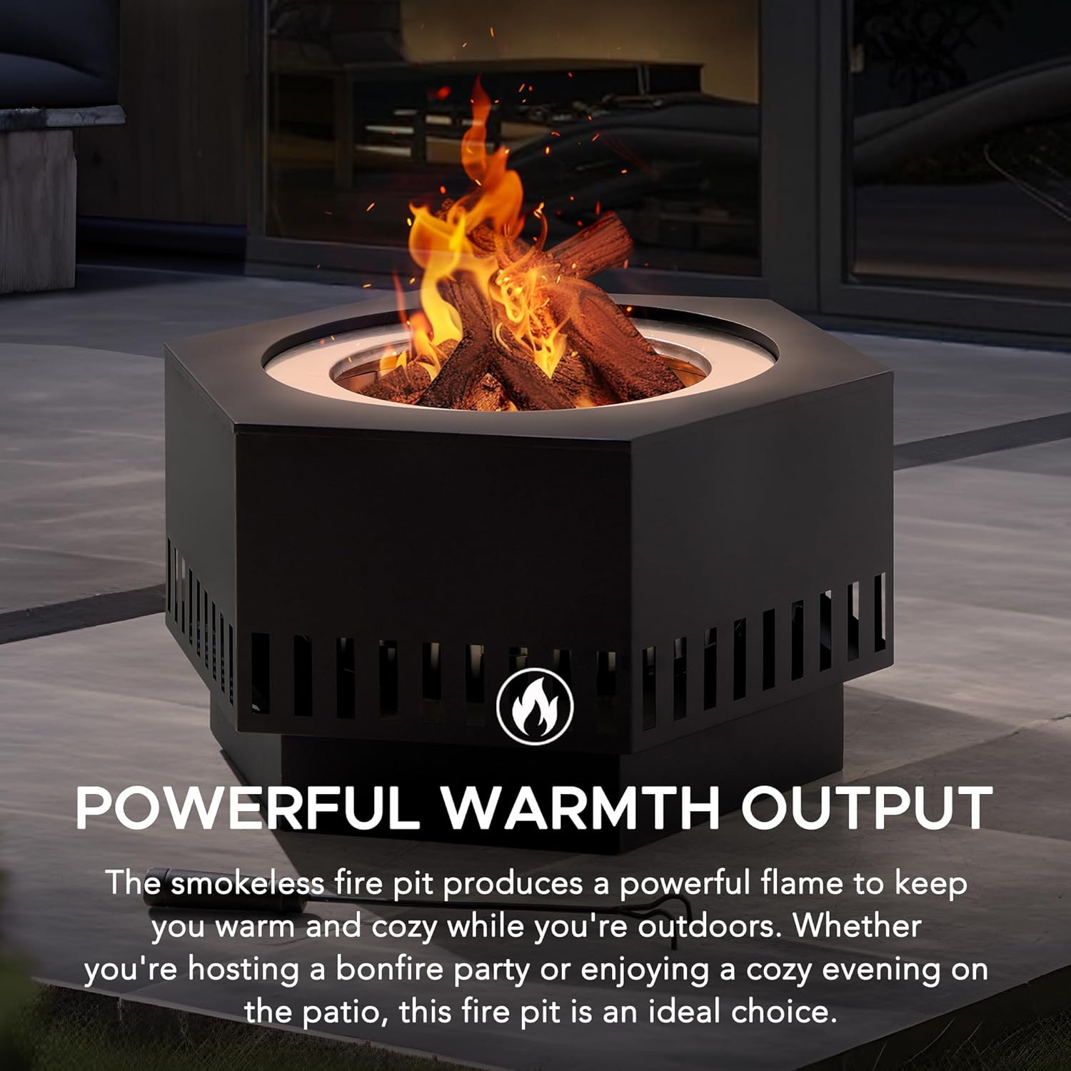 Sunjoy 28 in Smokeless Fire Pit with Removable Ash Pan, Outdoor Portable Hexagonal Wood Burning Fireplace with PVC Cover and Fire Poker,Ideal for Camping, Bonfire, and Backyard, Black