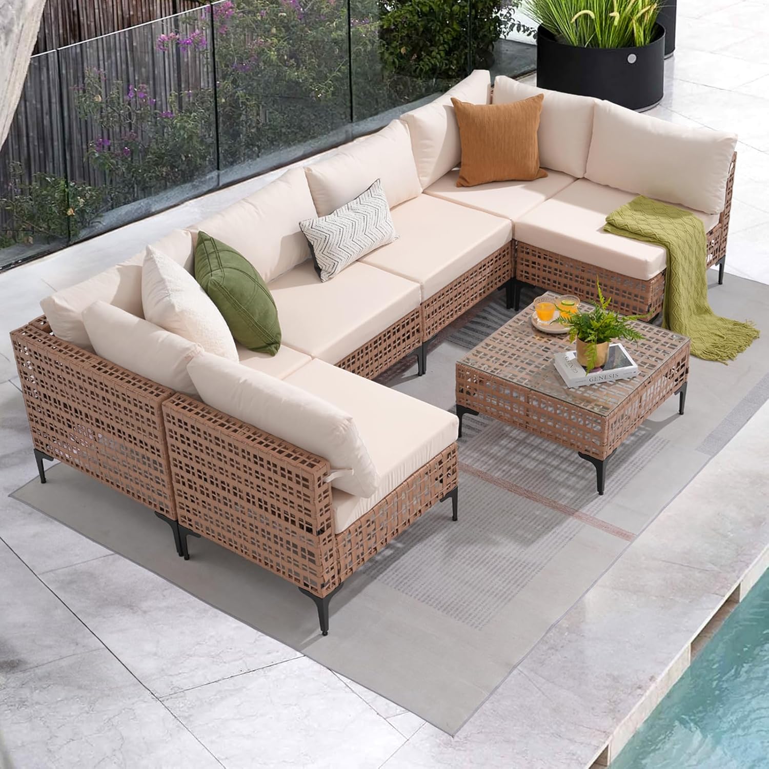 Patiorama 7 Piece Wicker Patio Furniture Set, Natural-Colored PE Rattan Outdoor Conversation Set Sectional Sofa with Water Resistant Cushion and Glass Table, Outdoor Couch, Porch, Backyard-White
