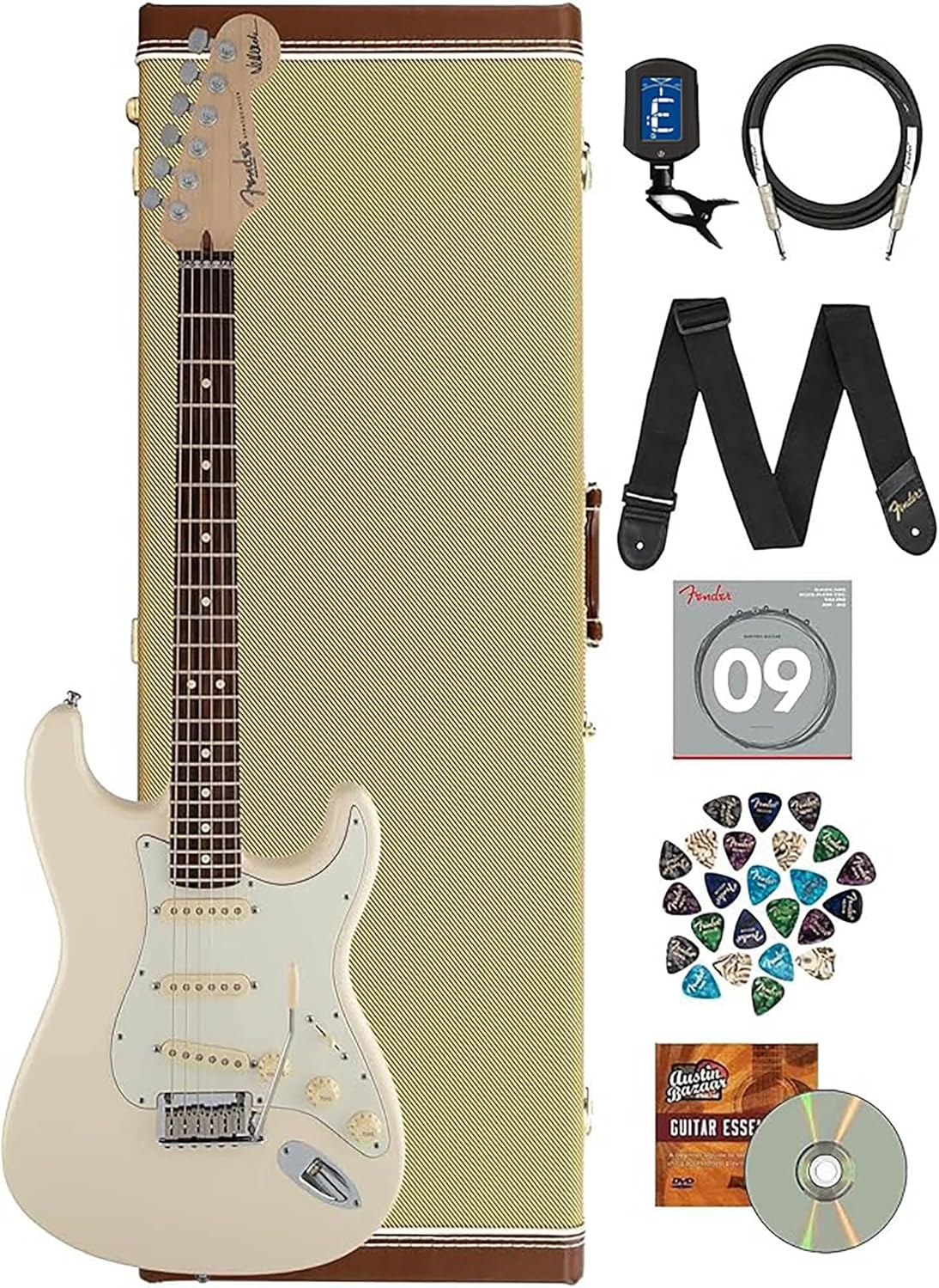 Fender Jeff Beck Stratocaster Olympic White Bundle with Premium Tweed Case, Instrument Cable, Tuner, Guitar Strap, Extra Strings, 24-Pack of Picks, and Austin Bazaar DVD