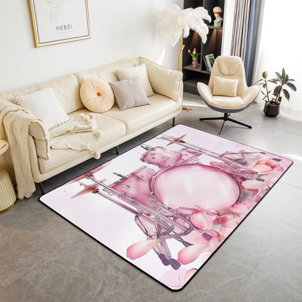 Drum Kit Rug 5x6'6'',Rock Music Themed Decorative Area Rug for Women Adults Men Teens,Rose Flowers Pink Non Slip Washable Decor Carpet for Indoor Outdoor
