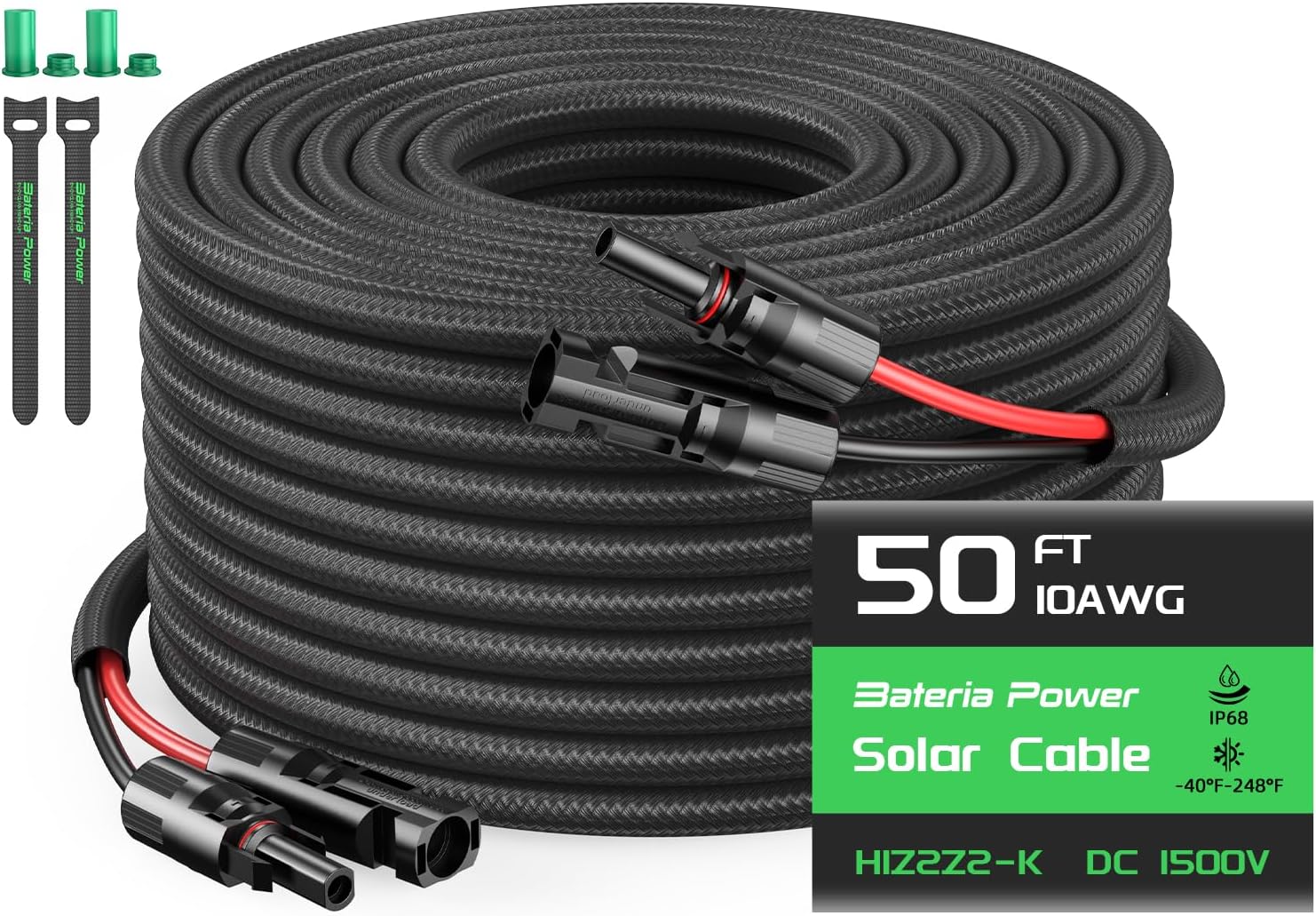 Bateria Power 1 Pair 50FT Solar Cables, 10 Gauge Solar Extension Cable with IP68 Female & Male Waterproof Connectors and Dust Caps for RV, Photovoltaic Systems