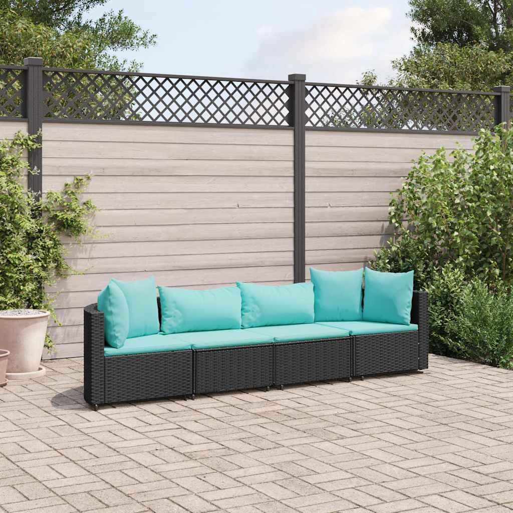 4 Piece Patio Sofa Set with Cushions Black Poly Rattan Garden Furniture