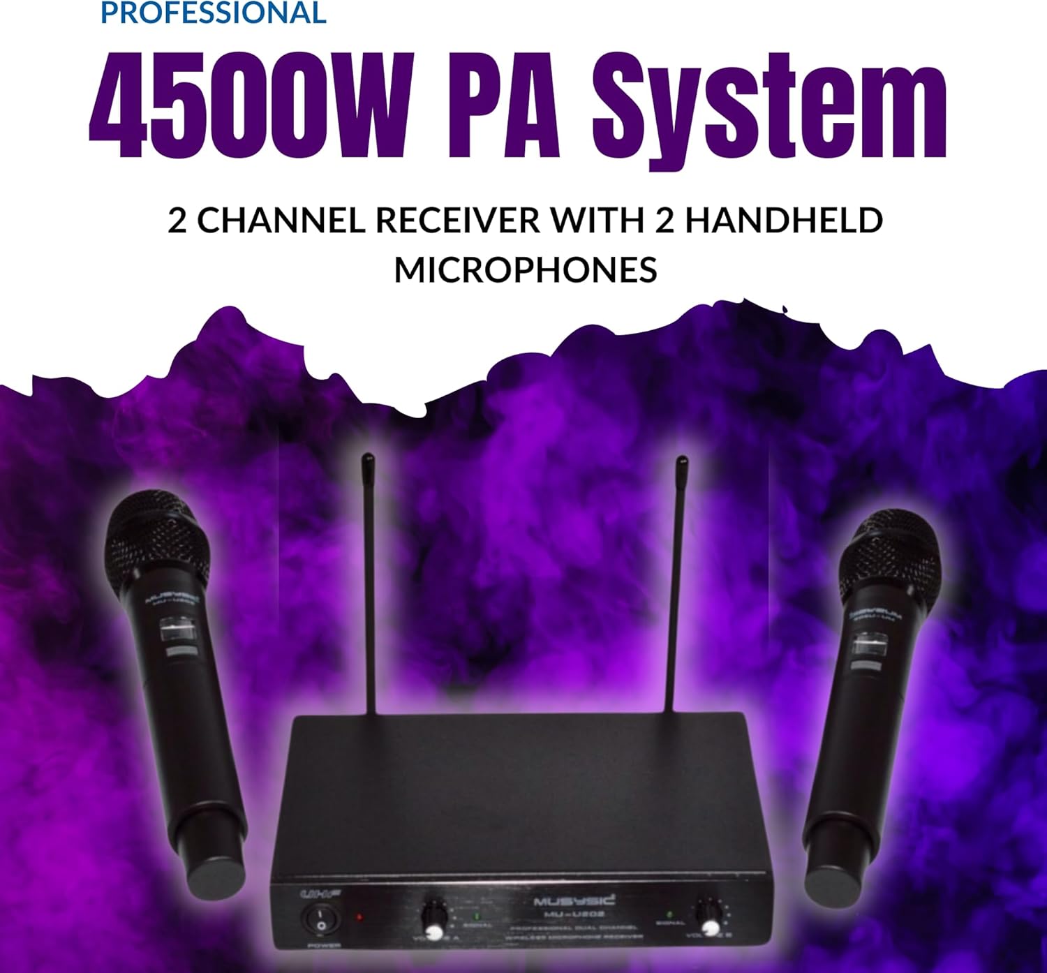 MUSYSIC PA15-MX800 Professional PA System – 8 Channel Audio Mixer with Built-in 4500 W Amplifier 15” Studio Wireless Speakers Bluetooth/USB/SD/FM UHF Wireless Microphone System Stands Pair