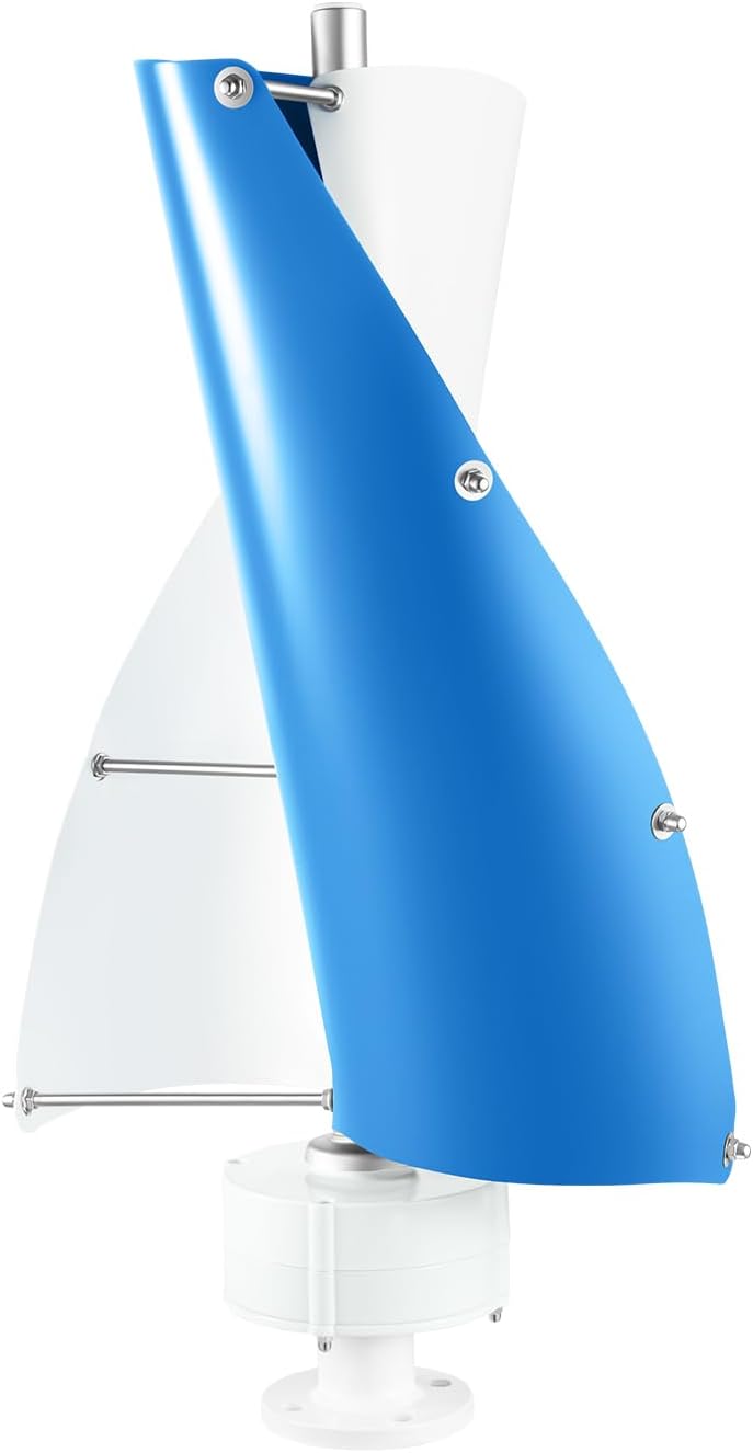 100W Vertical Axis Wind Turbine Generator White and Blue 12V Low Noise Helical Design for Home Boat Cabin Outdoor Energy Supply with IP67 Waterproof