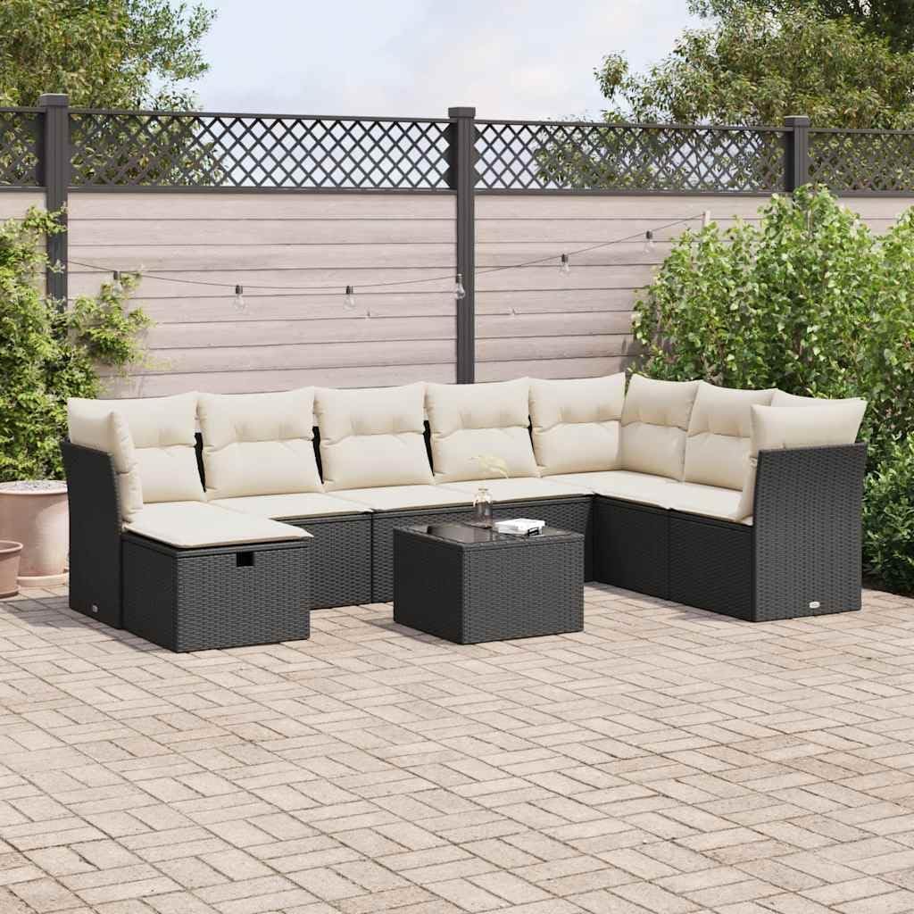 9 Piece Patio Sofa Set with Cushions Black Poly Rattan, Modular Outdoor Furniture with Removable Washable Covers and Water-Proof Storage Bag, Durable PE Rattan Garden Seating