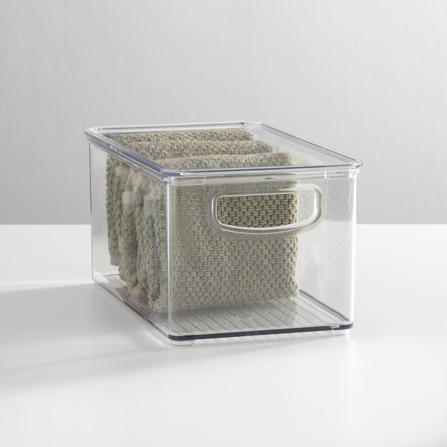 mDesign Deep Plastic Bathroom Storage Bin Box, Lid/Built-in Handles, Organization for Makeup, Hair Styling Tools, Toiletry Accessories in Cabinet, Shelves, Ligne Collection, 8 Pack, Clear