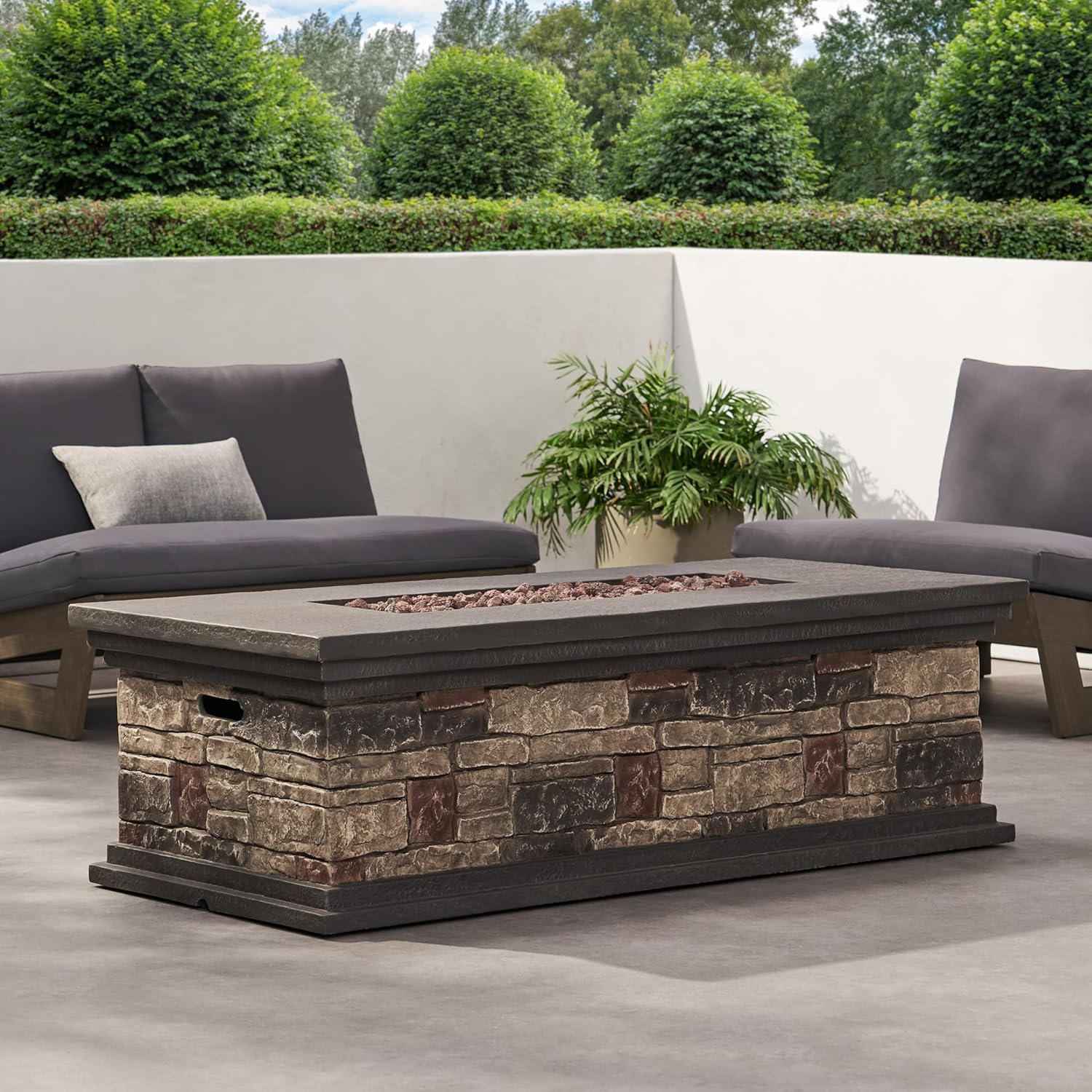 Stone Gray Rectangle Fire Pit – 50,000 Btu Outdoor Propane Fire Pit with Lava Rocks, Durable Steel Construction, Easy Ignition, Patios Backyards (1 Doors)