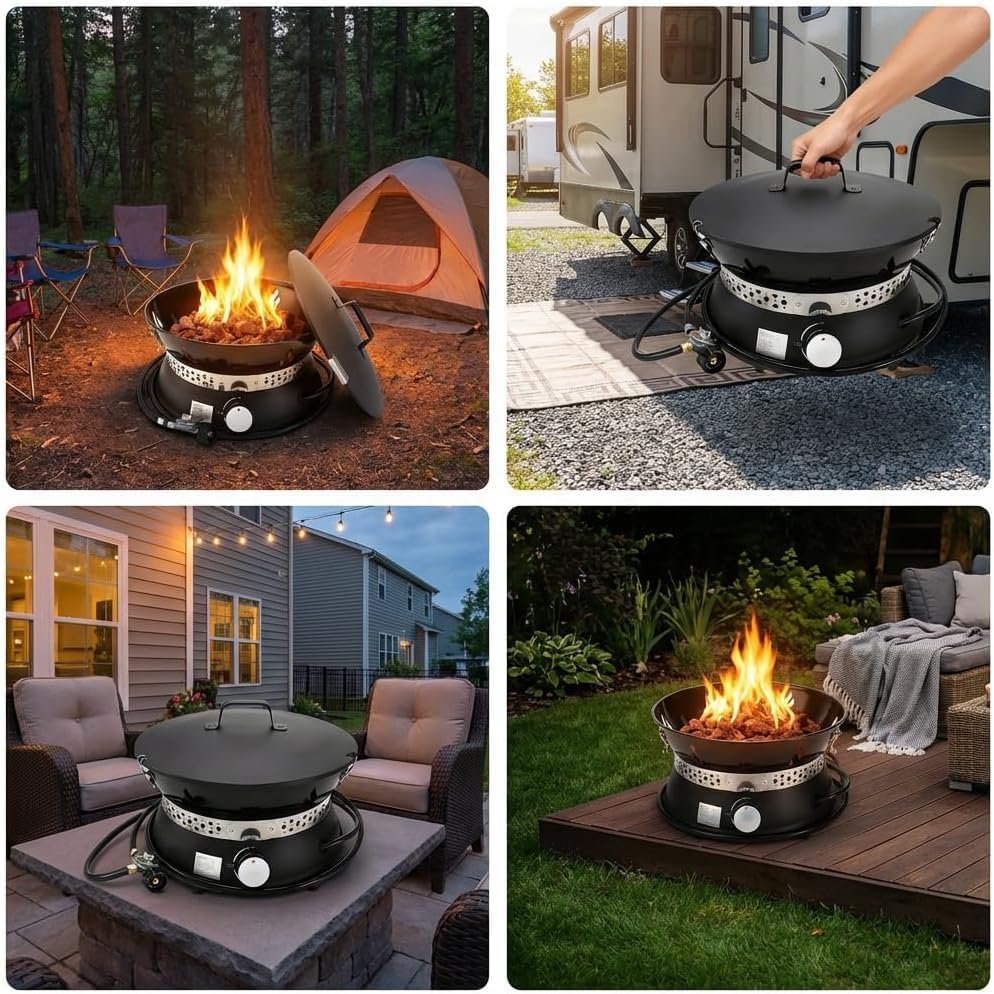 Portable Propane Fire Pits, 19 Inch 58,000 BTU Gas Fire Pit with Cover & Handle,Smokeless Propane Firepit for Outdoor Camping, Camping,Patio, Backyard, Garden