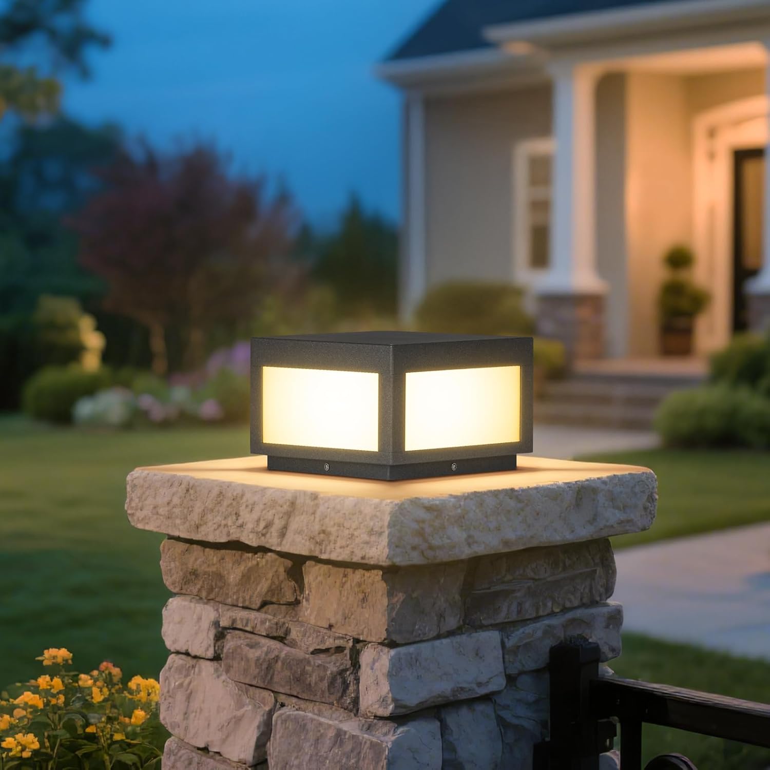 Outdoor Post Lights Hard Wired, 9.8'' AC100-240V Pillar Light Outdoor Waterproof, Fence Column Light Fixture Dusk to Dawn, Modern 3000K LED Deck Post Cap Lamp Electric Lighting for Garden Posts