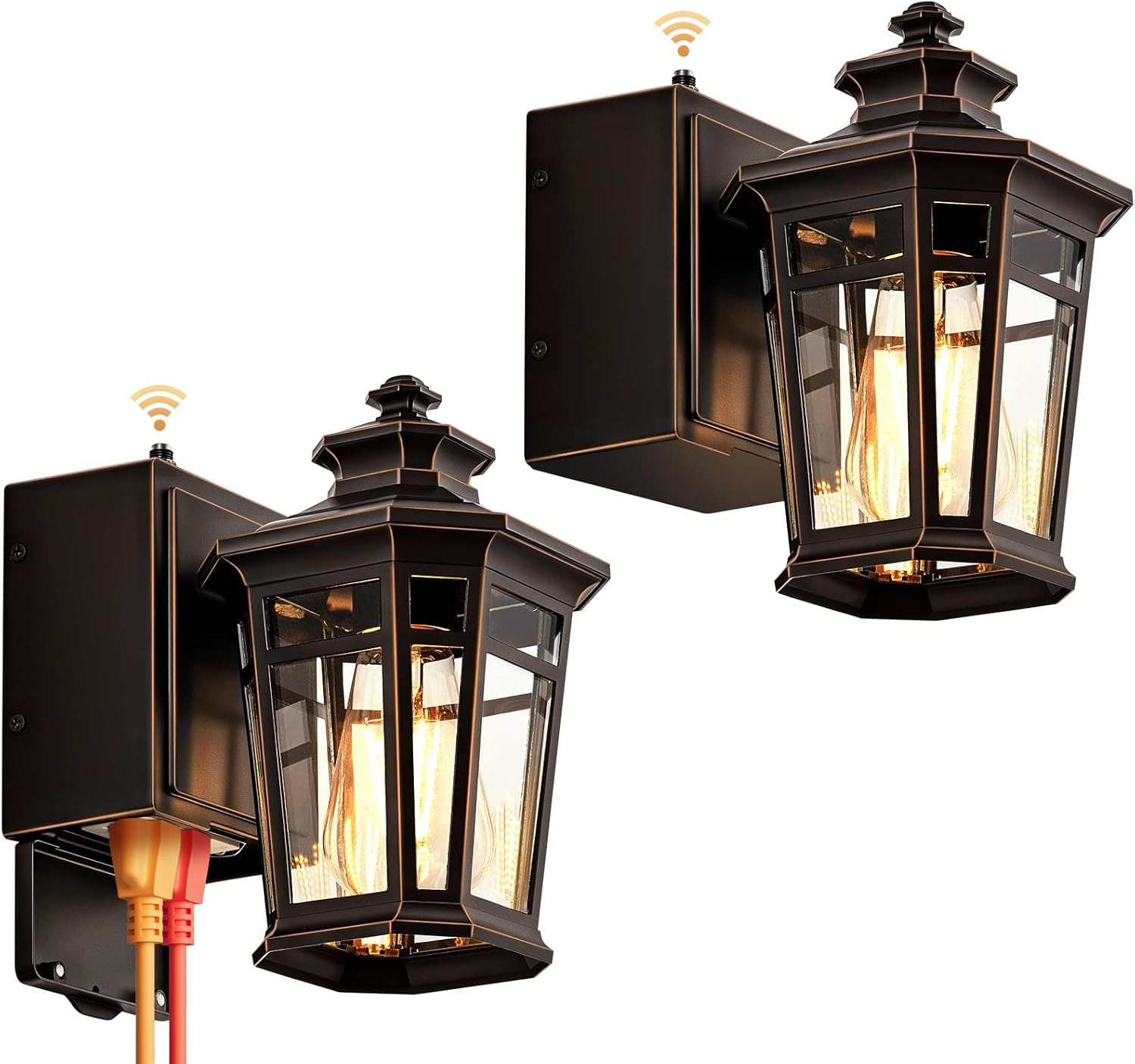 Gleamz 2-Pack ORB Dusk to Dawn Outdoor Lighting with GFCI Outlet, Outside Wall Lights with Gold Trim, Aluminum Exterior Lighting Fixtures Wall Mount, Waterproof Modern Exterior Coach Light Fixtures