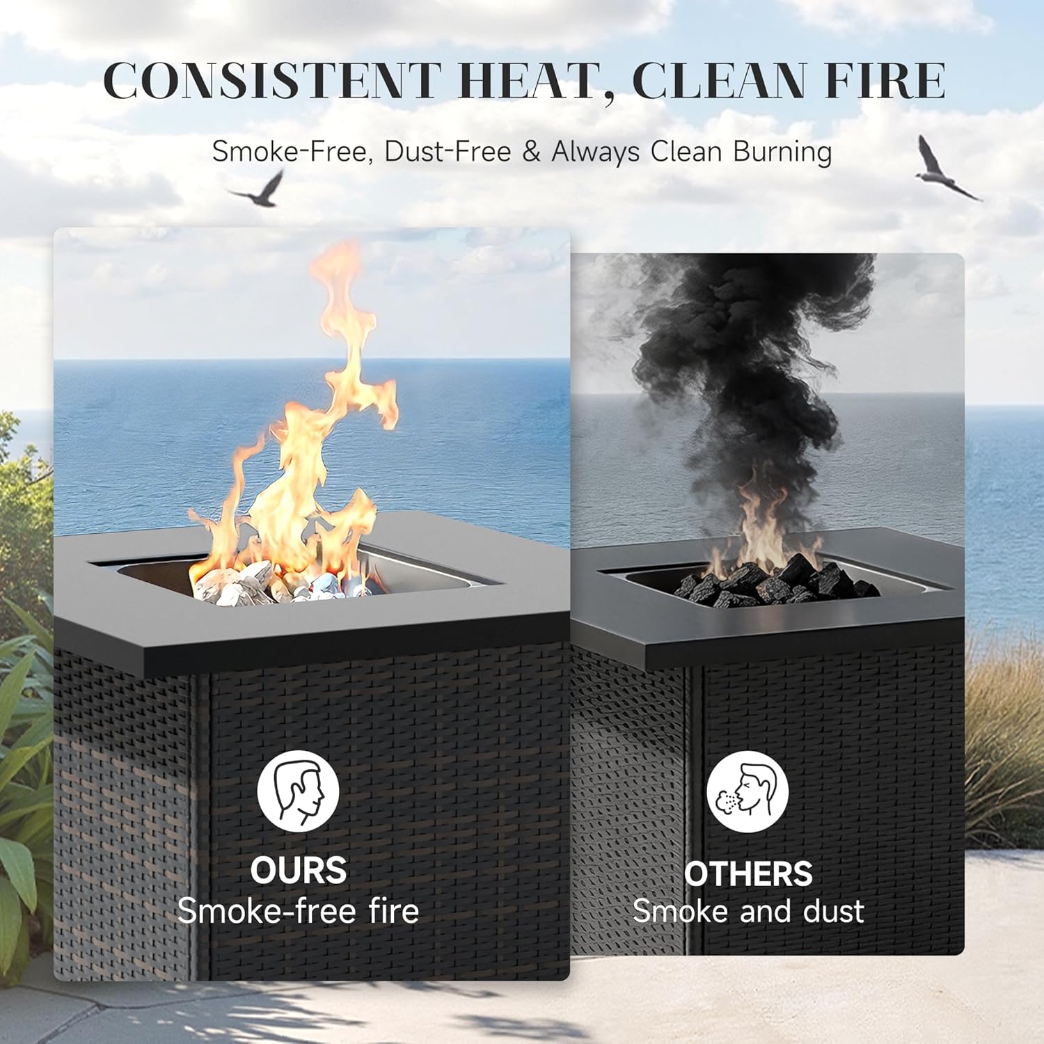 Propane Outdoor Fire Pit Table – 29'' Rattan Wicker Fire Table with Adjustable Flame, 50,000 BTU Gas FirePit, Easy Push-Turn Ignition, Clean Smokeless - for Patio, Garden & Backyard, Brown