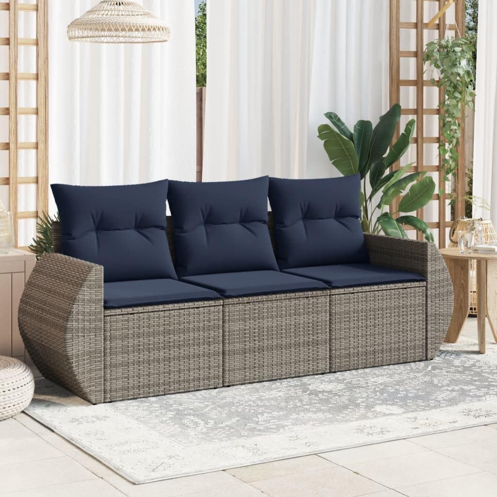3 Piece Patio Sofa Set with Cushions, Gray Poly Rattan Outdoor Furniture, Modular Design for Backyard Balcony, Weather-Resistant