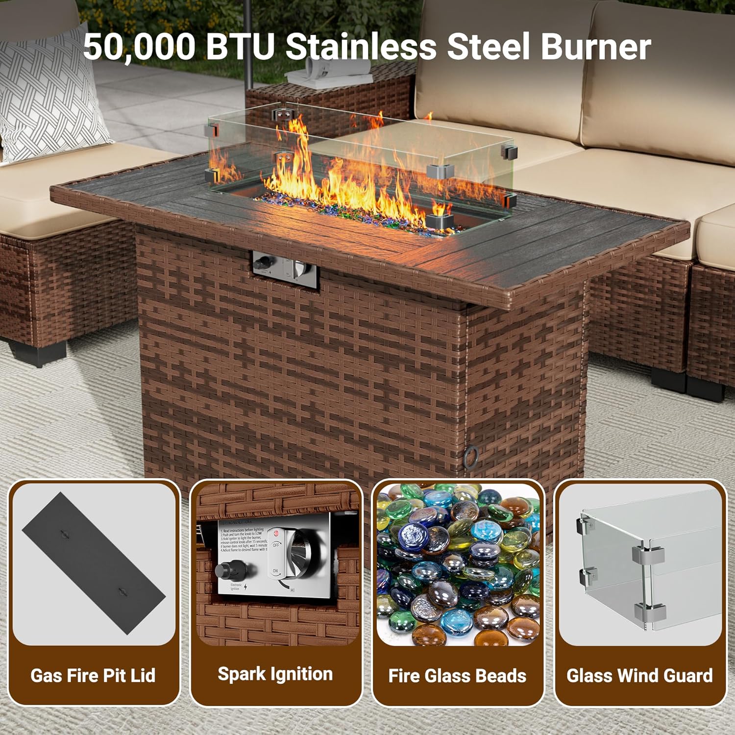 Patio Furniture Set with 44'' Propane Gas Firepit Table, 8 PCS Outdoor Sectional Conversation Sets with High Back, Navy Blue (Waterproof Cover Included)