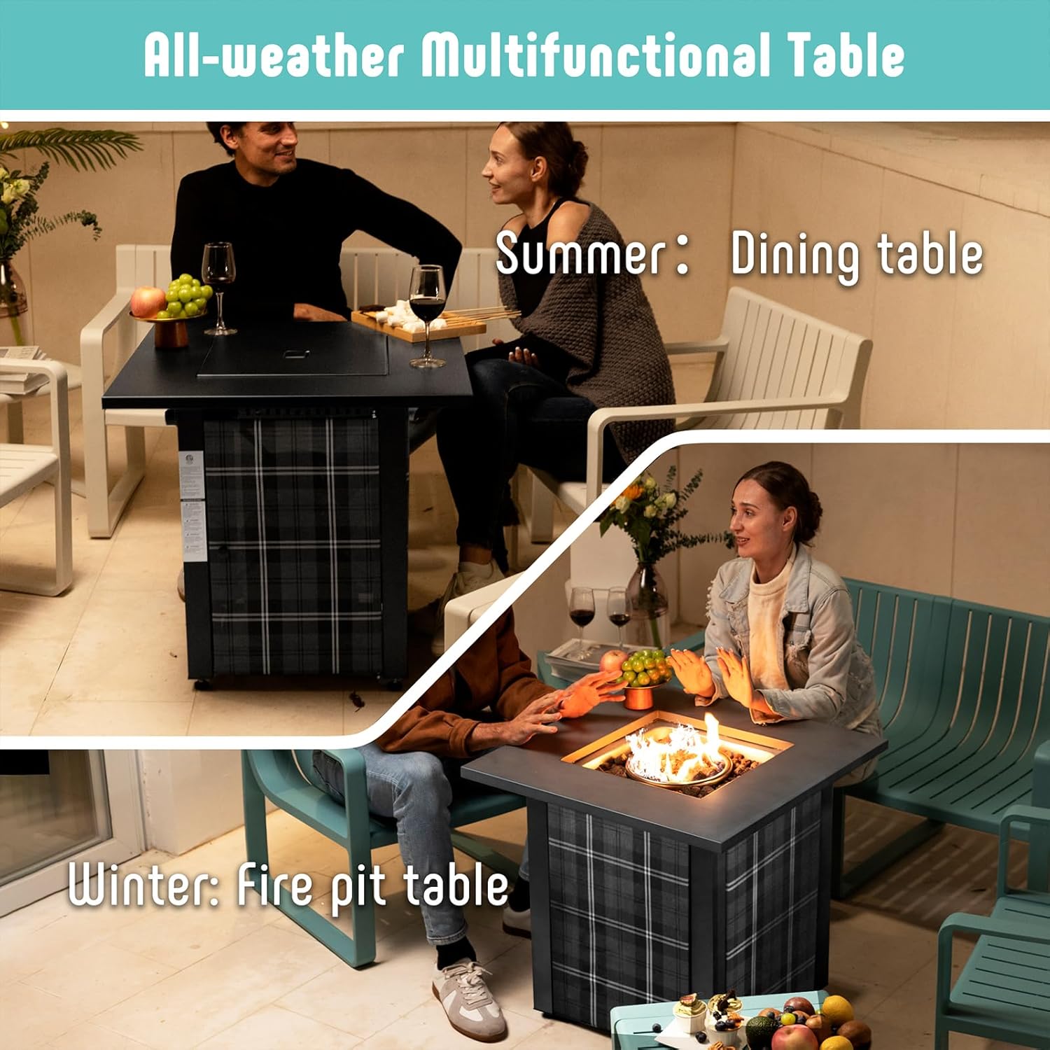 28 in Propane Fire Pit Table, ETL-Certified Fire Table with Lava Rocks for Patio Deck Garden Courtyard, 50,000 BTU Square Fire Pit Table with Lid, Black