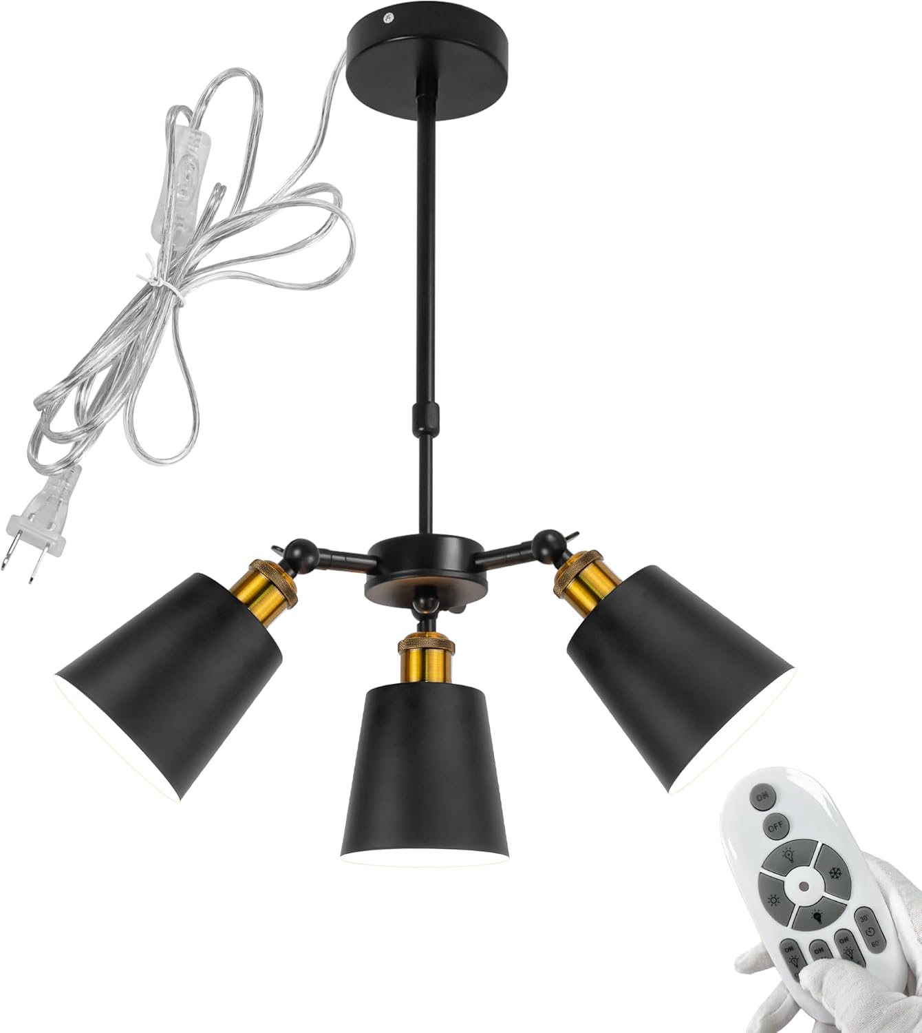 3-Heads Farmhouse Candle Lamp Adjustable Height Telescoping Rod 15ft Plug-in Cord by Remote, Smart Edison Bulbs Black Island Light for Sloping Roof Dining Staircase NO Wiring Needed