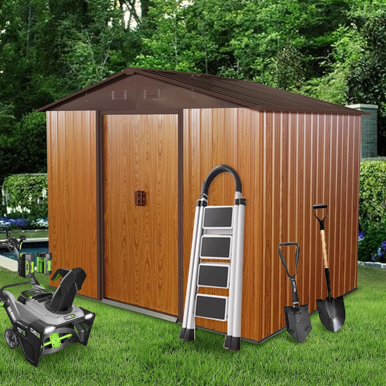 8 x 6 FT Outdoor Storage Shed, Metal Garden Shed with Floor Frame, Tool Shed Outdoor Storage with Lockable Sliding Doors & Air Vents, Storage House Waterproof for Backyard, Lawn, Coffee