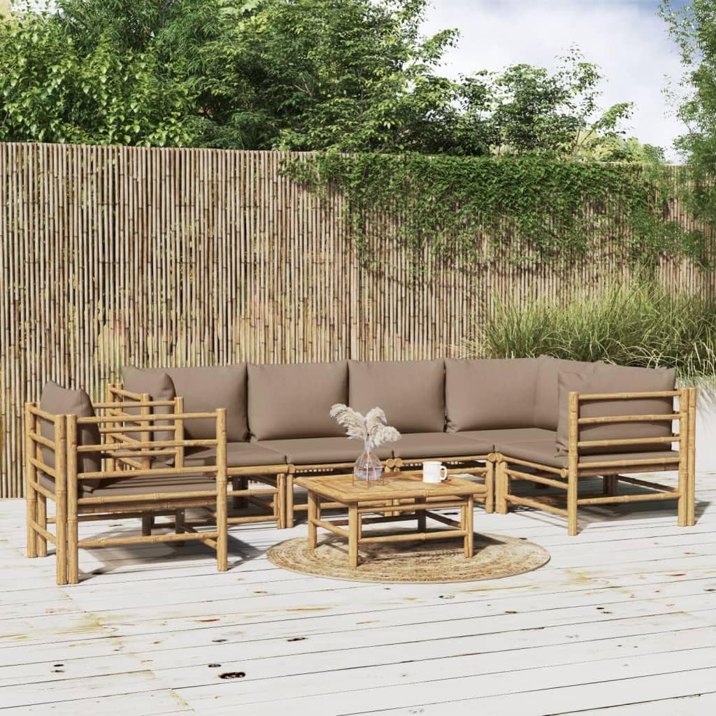 7 Piece Patio Lounge Set with Taupe Cushions Bamboo,Elegant Bamboo Outdoor Lounge Set for Comfort and Style Patio Furniture Sets, Outdoor Furniture Sets