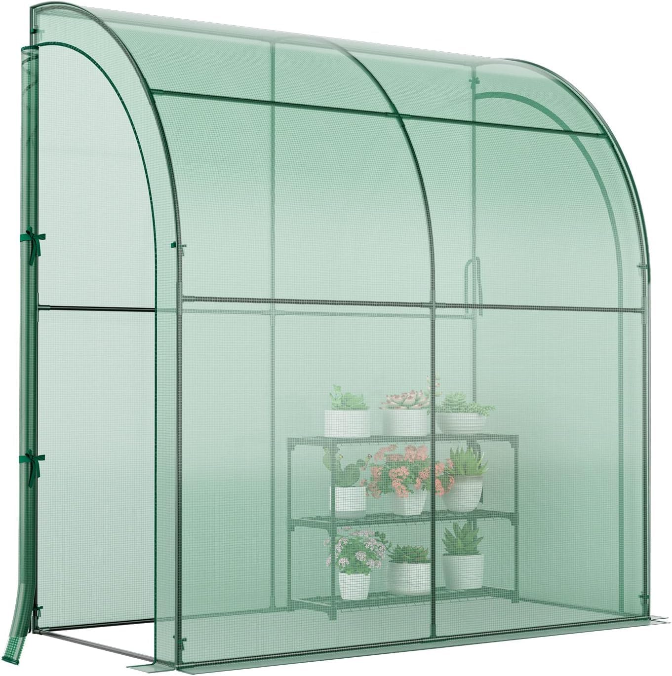 Happygrill Walk-in Greenhouse with 3-Tier Flower Rack, Weatherproof PE Cover & Roll-up Zipper Doors, Lean-to Greenhouse for Garden, Backyard, Balcony
