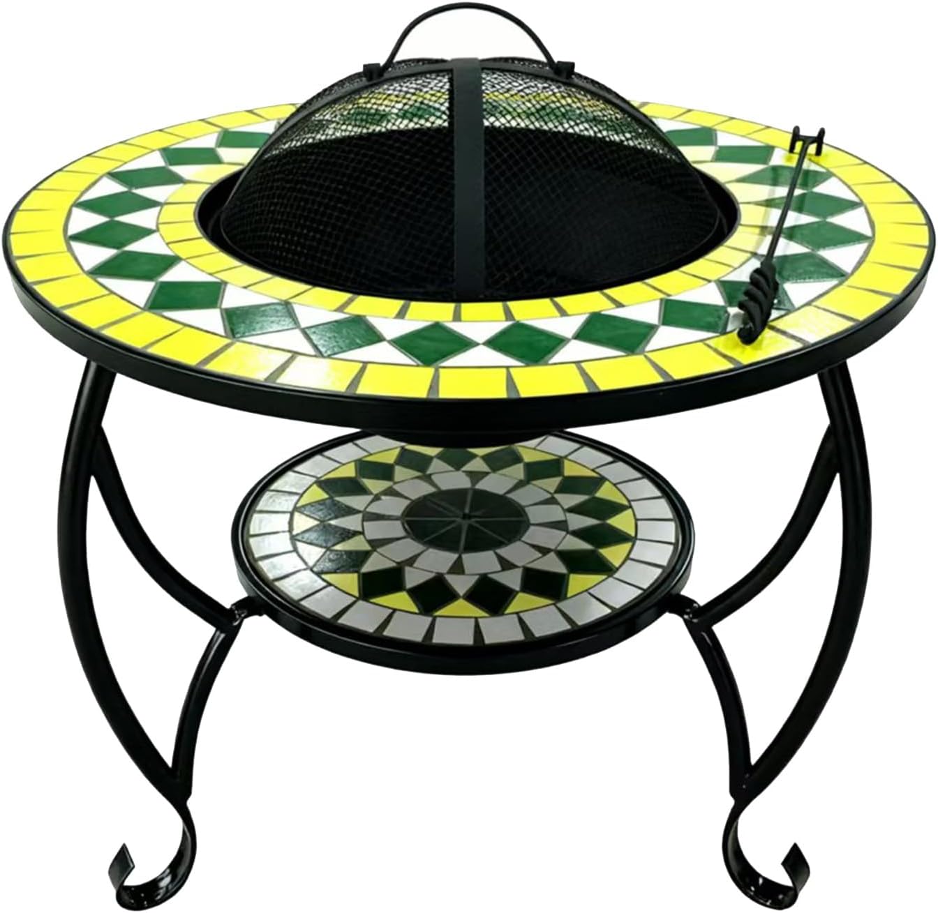 Artisan Home Decor Mosaic Fire Pit Table with Mesh Cover, Yellow and Green Tile Pattern, Metal Frame, 2-Tier Design, Freestanding Customized (Color on The Picture)