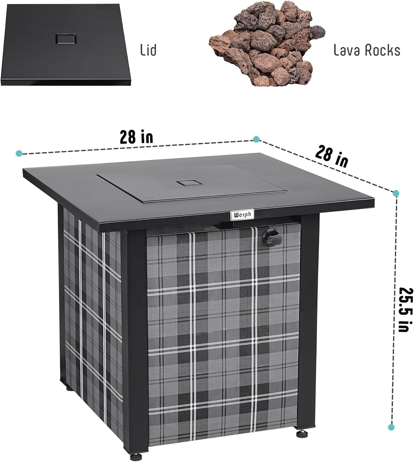 28 in Propane Fire Pit Table, ETL-Certified Fire Table with Lava Rocks for Patio Deck Garden Courtyard, 50,000 BTU Square Fire Pit Table with Lid, Black