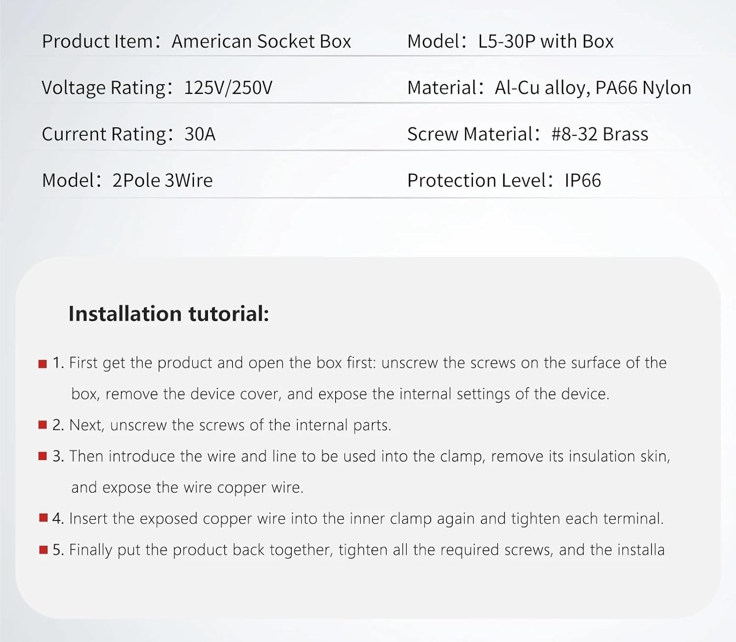 1pcs US/American 30Amp Power Inlet Box, 125/250 Volt Nema L5-30P Plug Outdoor dustproof and Weatherproof for Generators.