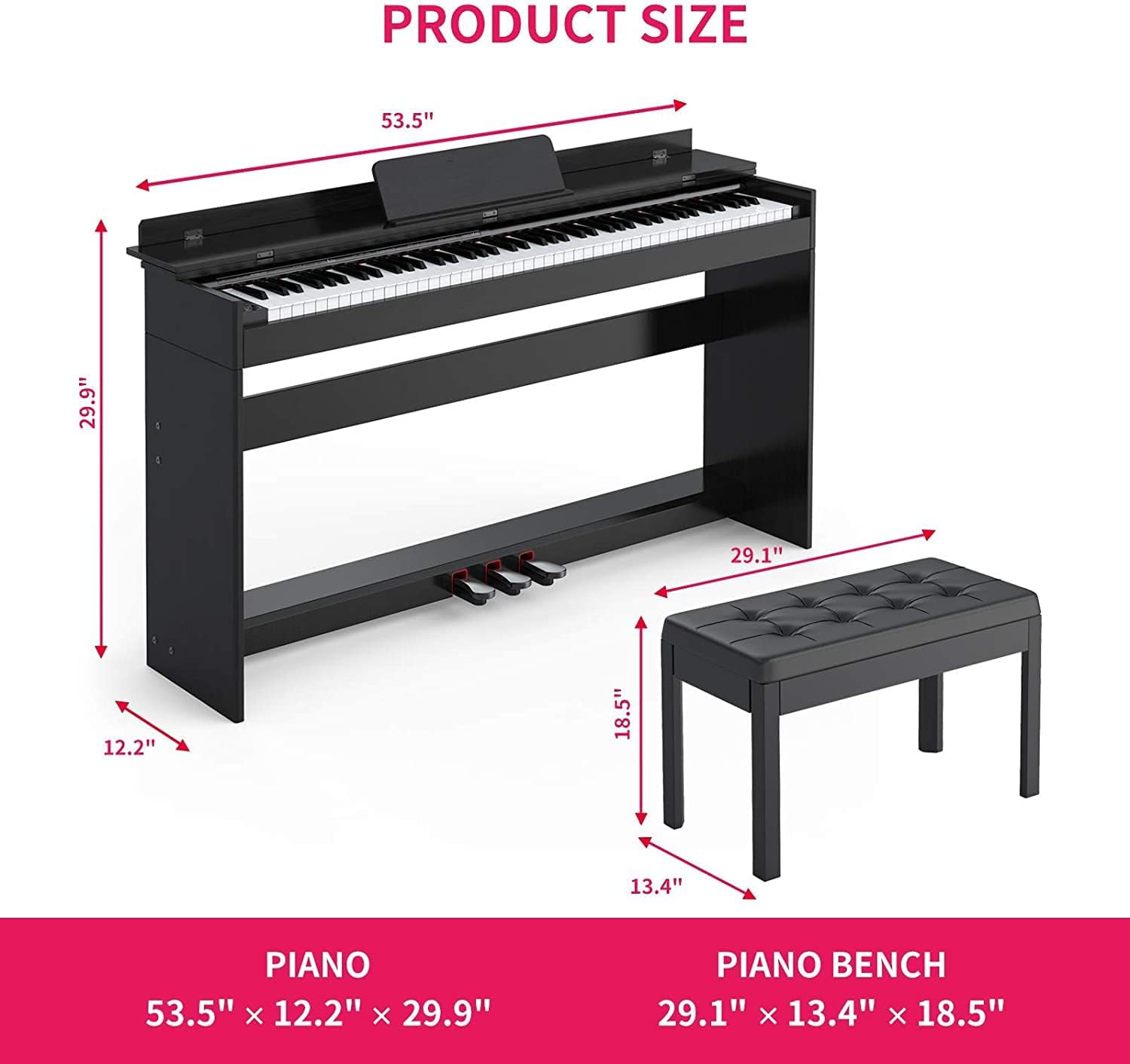 Setting 88-Key Weighted Digital Piano, Electric Upright Piano with 3-Pedal Unit Board, LCD Screen, Multi-Functional Full Size Keyboard and Power Adapter(Black(with Bench)), 53.5 x 29.9 12.2 Inch